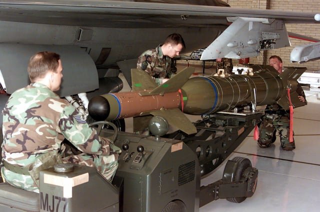 Teams from Raytheon Missile Systems, Lockheed Martin and Langley Air Force Base, Virginia, convened at Luke Air Force Base, Arizona, to test the compatibility of the Enhanced Guided Bomb Unit-27 with the F-16 Fighting Falcon aircraft. 