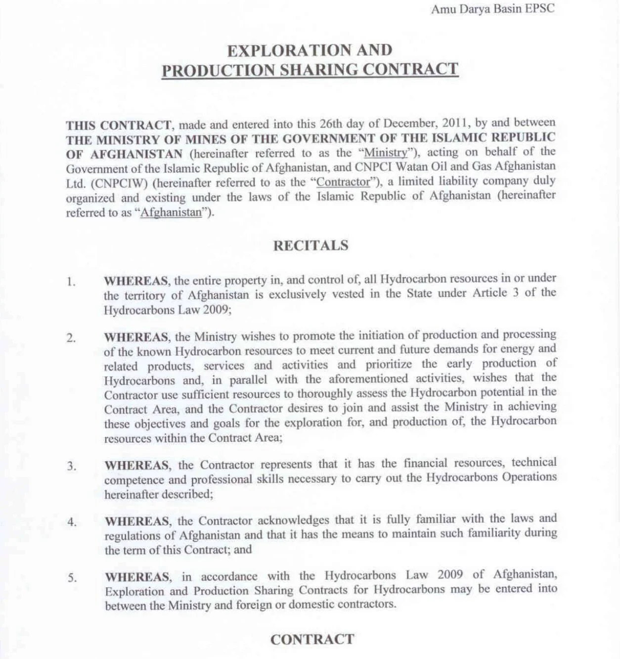 Pictured: Front page of the 2011 contract between the Watan Group and CNPCI.