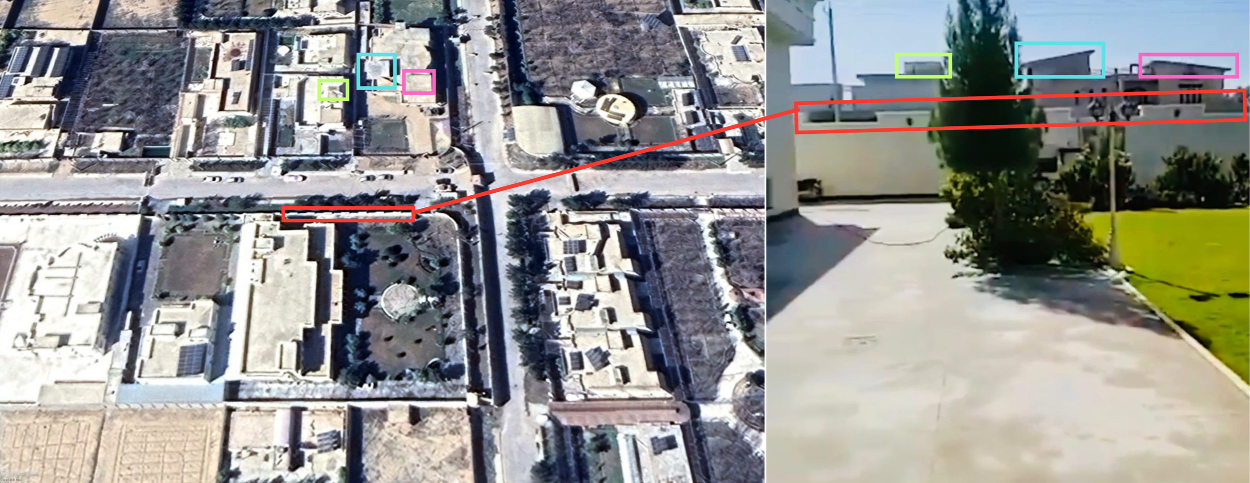   Figure: Geolocation of a video from inside the courtyard of a guesthouse frequented by senior Taliban and their supreme leader, northeast of Kandahar city. Geolocation: 31.623271, 65.775213  