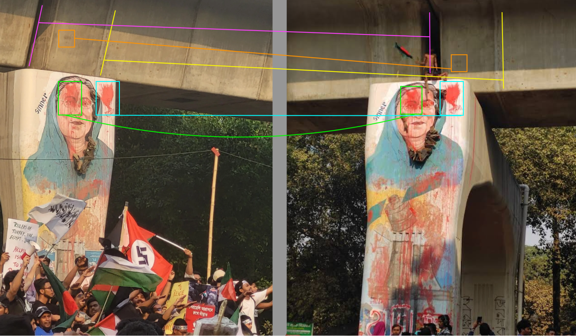  Image:   23.732615607276482, 90.39561379106227 (a geotagged photo     on Google Maps    , t   aken in December 2024, shows red paint smears that match the original image)  