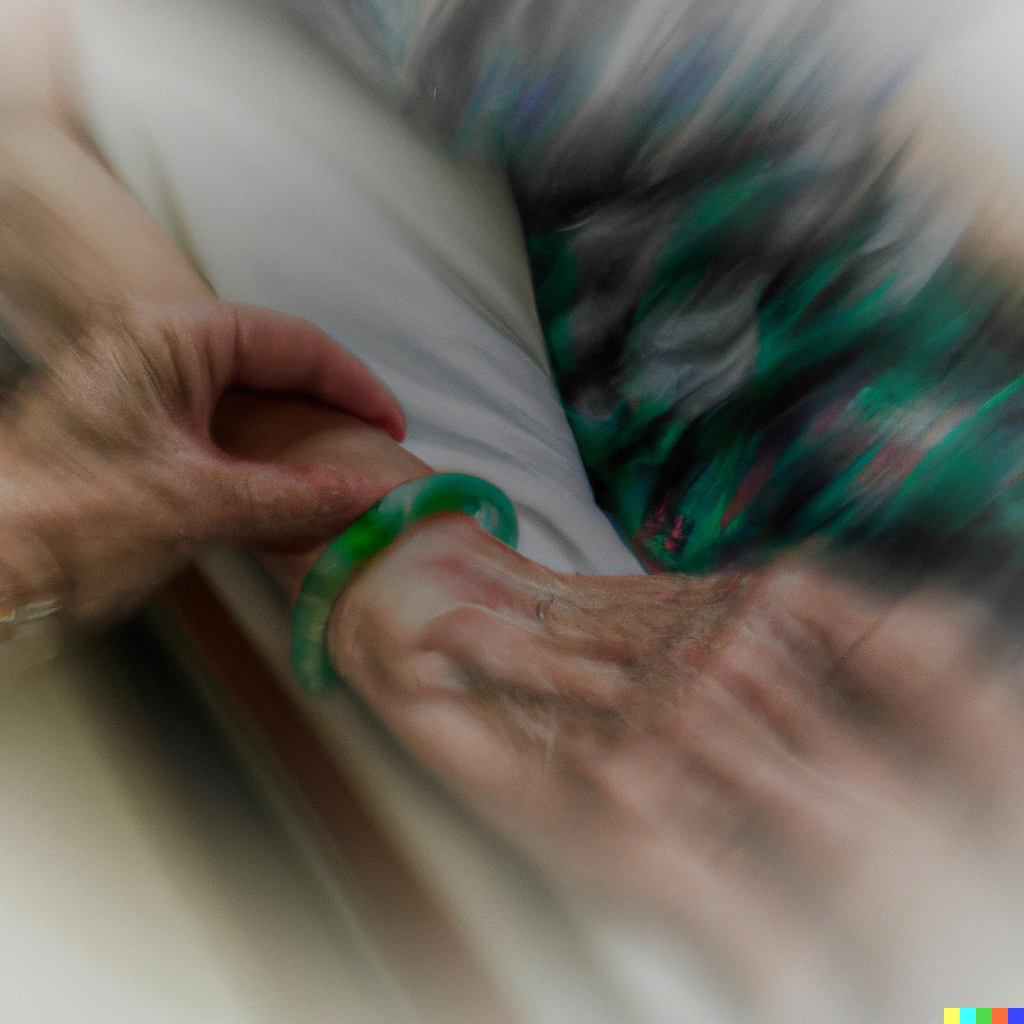 Close-up of a person with their hand resting on their chest, wearing a green bracelet, with a blurry background.