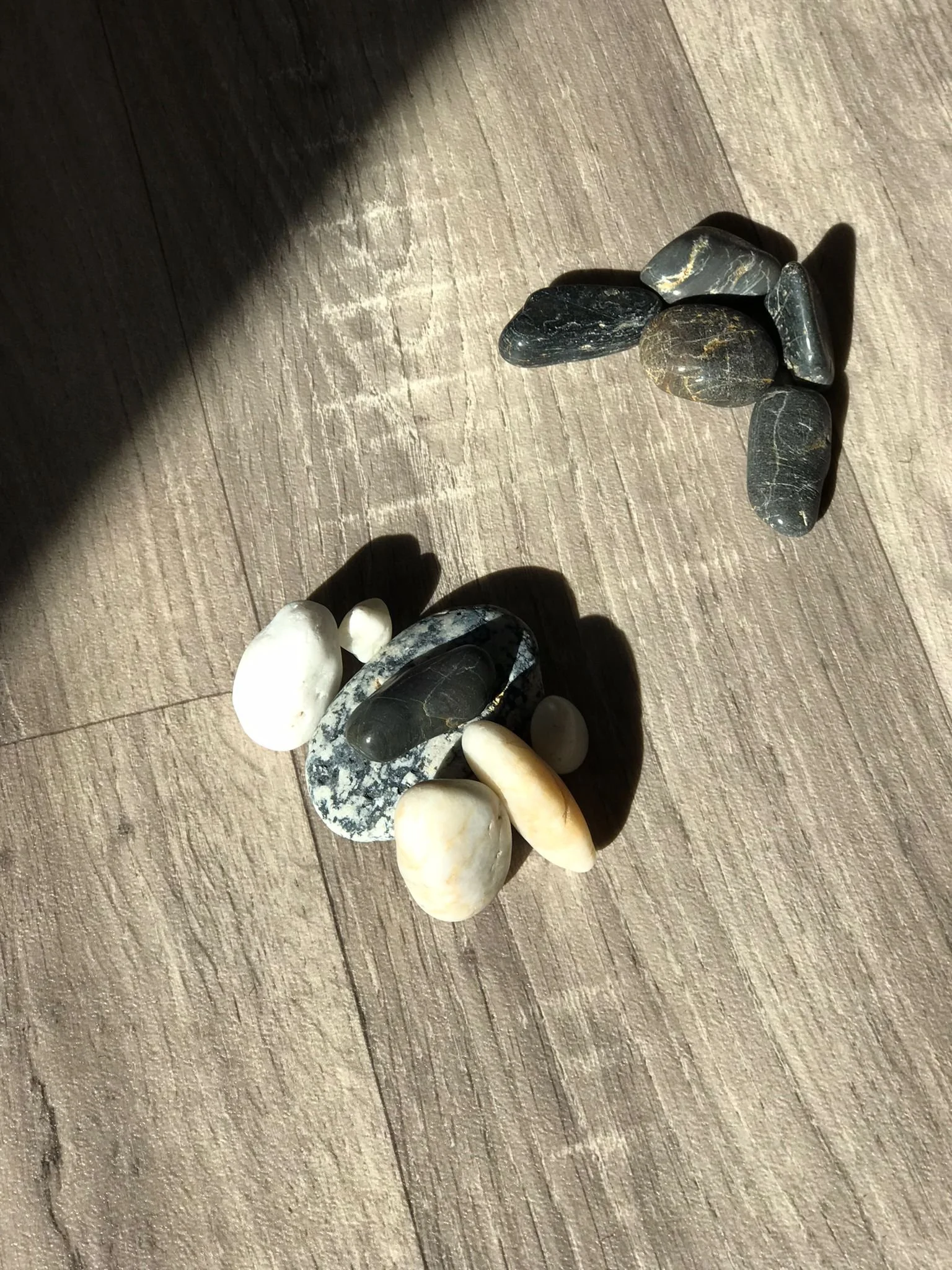 Various pebbles arranged on a wooden surface in sunlight, casting shadows.