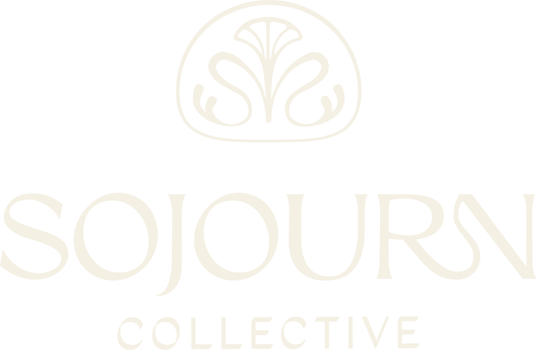 Black background with a white circular emblem featuring stylized floral design, and the words "SOJOURN COLLECTIVE" in white uppercase letters below.
