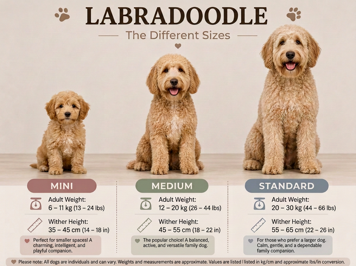 Diagram of three Labradoodle sizes: Mini, Medium, and Standard, with images of dogs and their weight and height ranges. Mini: adult weight 6-11 kg, height 35-45 cm; Medium: adult weight 12-20 kg, height 45-55 cm; Standard: adult weight 20-30 kg, height 55-65 cm.