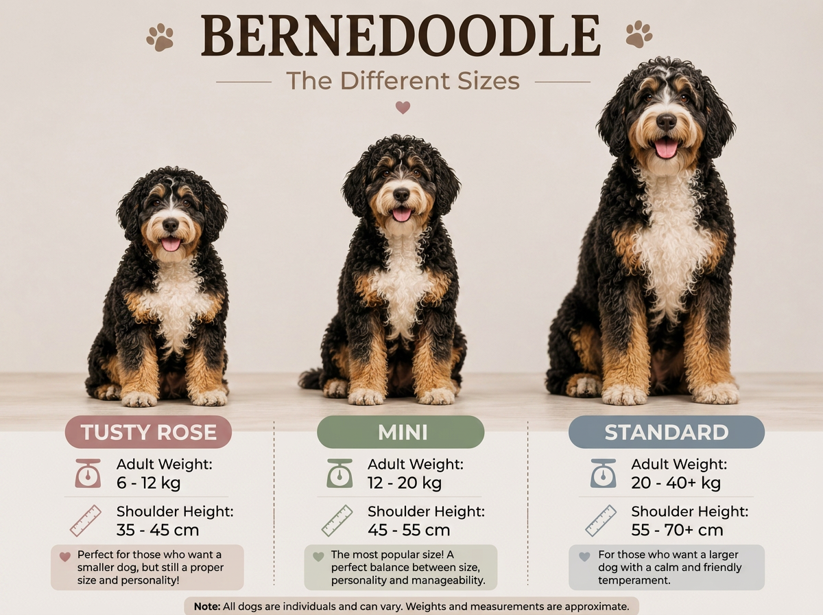 A chart showing three sizes of Bernedoodle puppies: Tusty Rose, Mini, and Standard. Each has a photo of a puppy of that size and details about adult weight and shoulder height. Tusty Rose is the smallest with a weight of 6-12 kg and shoulder height of 35-45 cm. Mini is next with a weight of 12-20 kg and shoulder height of 45-55 cm. Standard is the largest with a weight of 20-40+ kg and shoulder height of 55-70+ cm. The chart includes descriptions of each size and notes that all dogs are individuals.