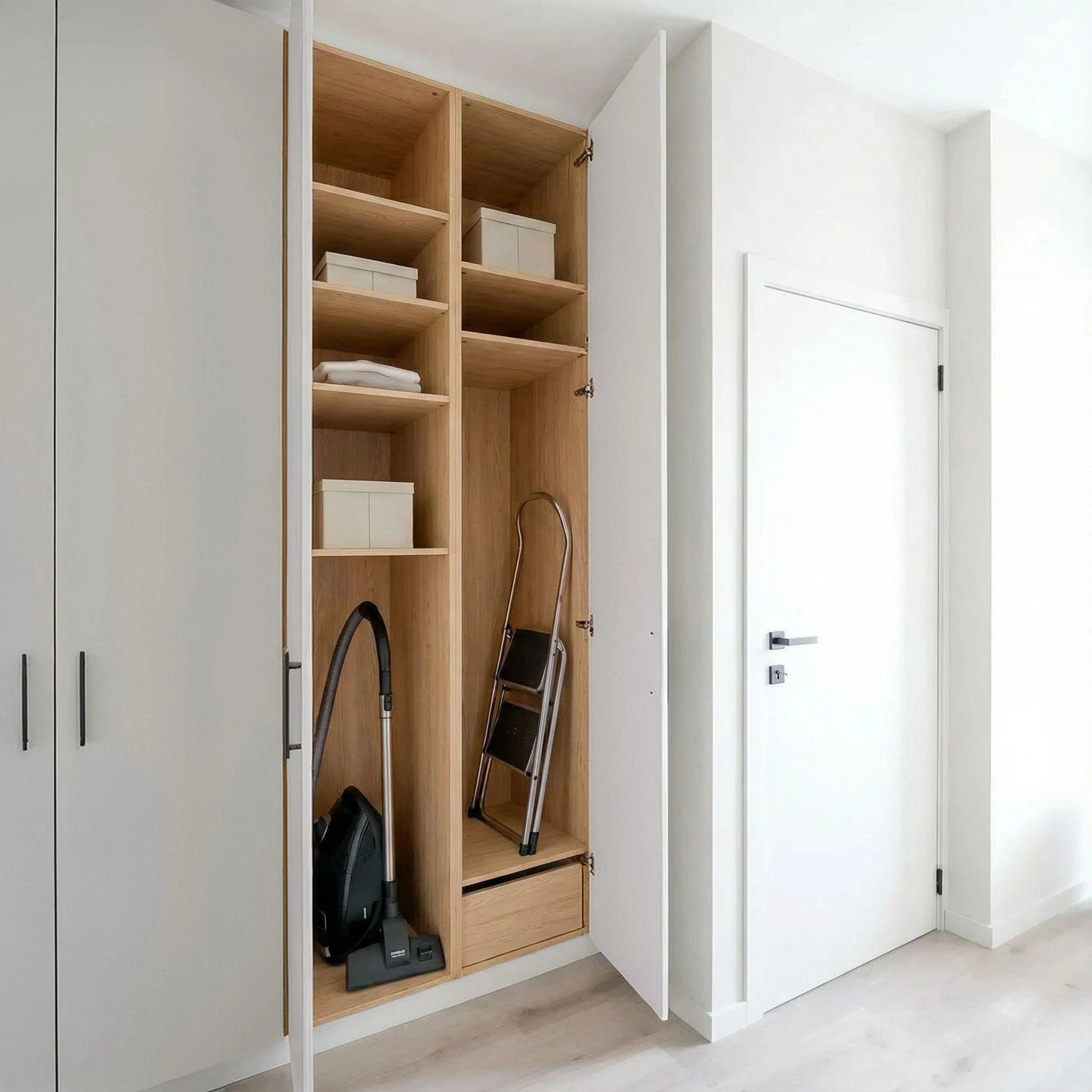 Open closet with shelves, vacuum cleaner, step ladder, and storage boxes inside, next to a white door in a bright room.