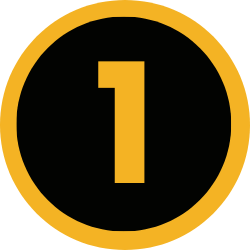 Number 1 badge with black background, yellow border, and yellow number 1 in the center