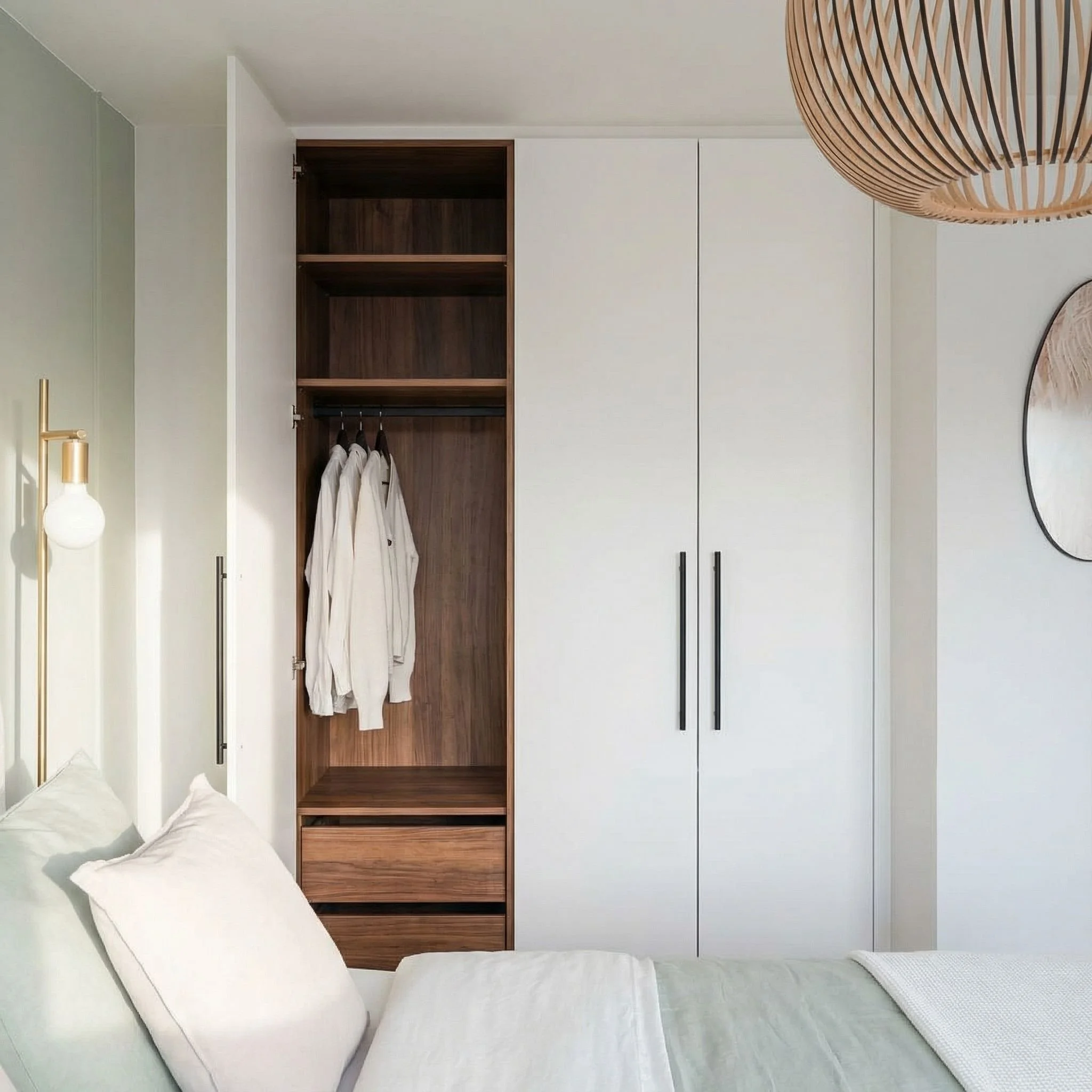 A neatly made bed with white pillows and bedding next to a sliding closet door in a modern bedroom. The closet is partially open, revealing hanging white robes and two bottom drawers. The wall and decor are minimal and light-colored.