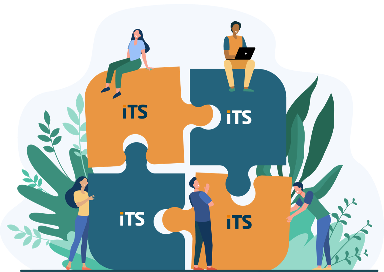 Illustration of four people interacting with large puzzle pieces labeled 'iTS', symbolizing teamwork and collaboration.