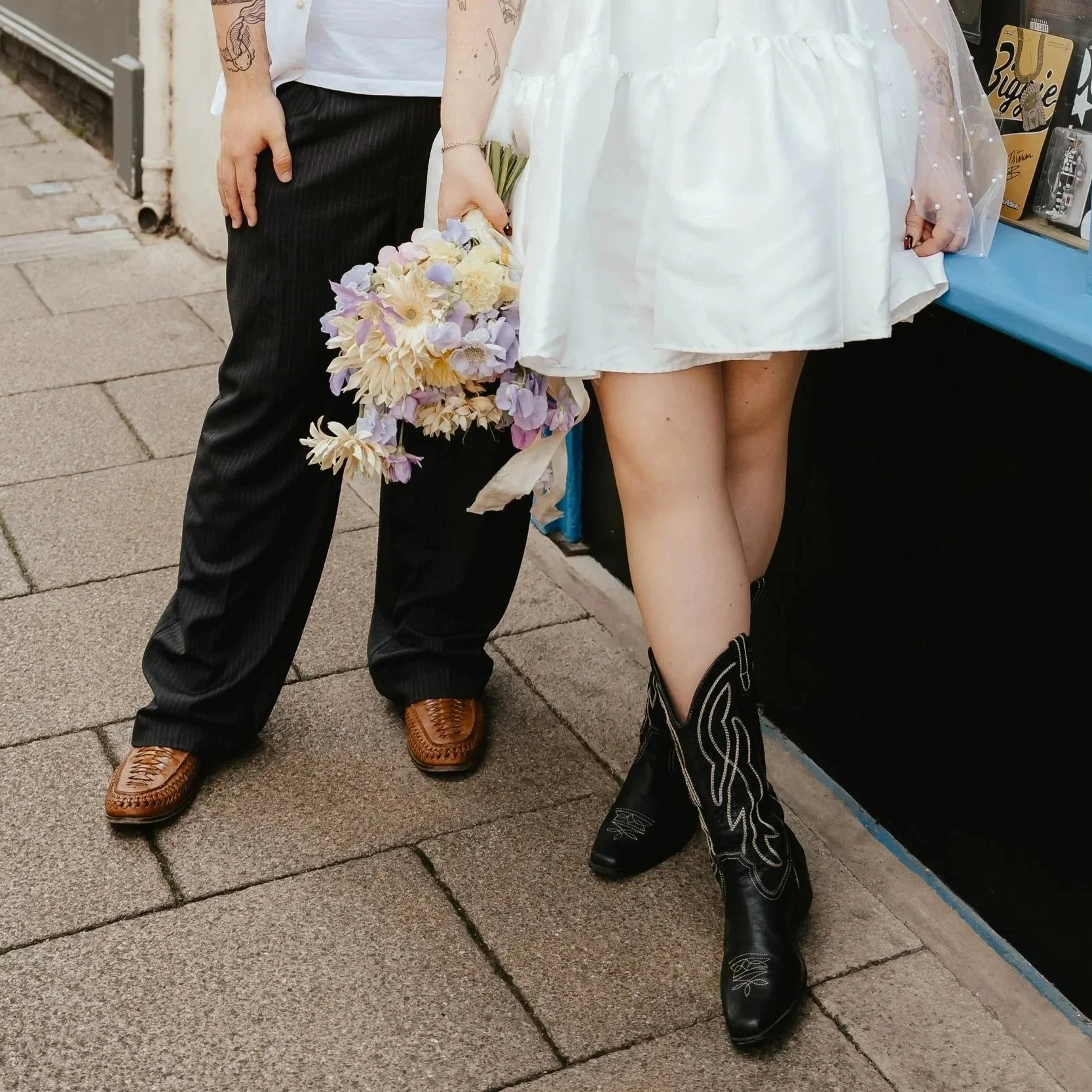 alternative bride and groom with a fresh flower bridal bouquet, in Norwich