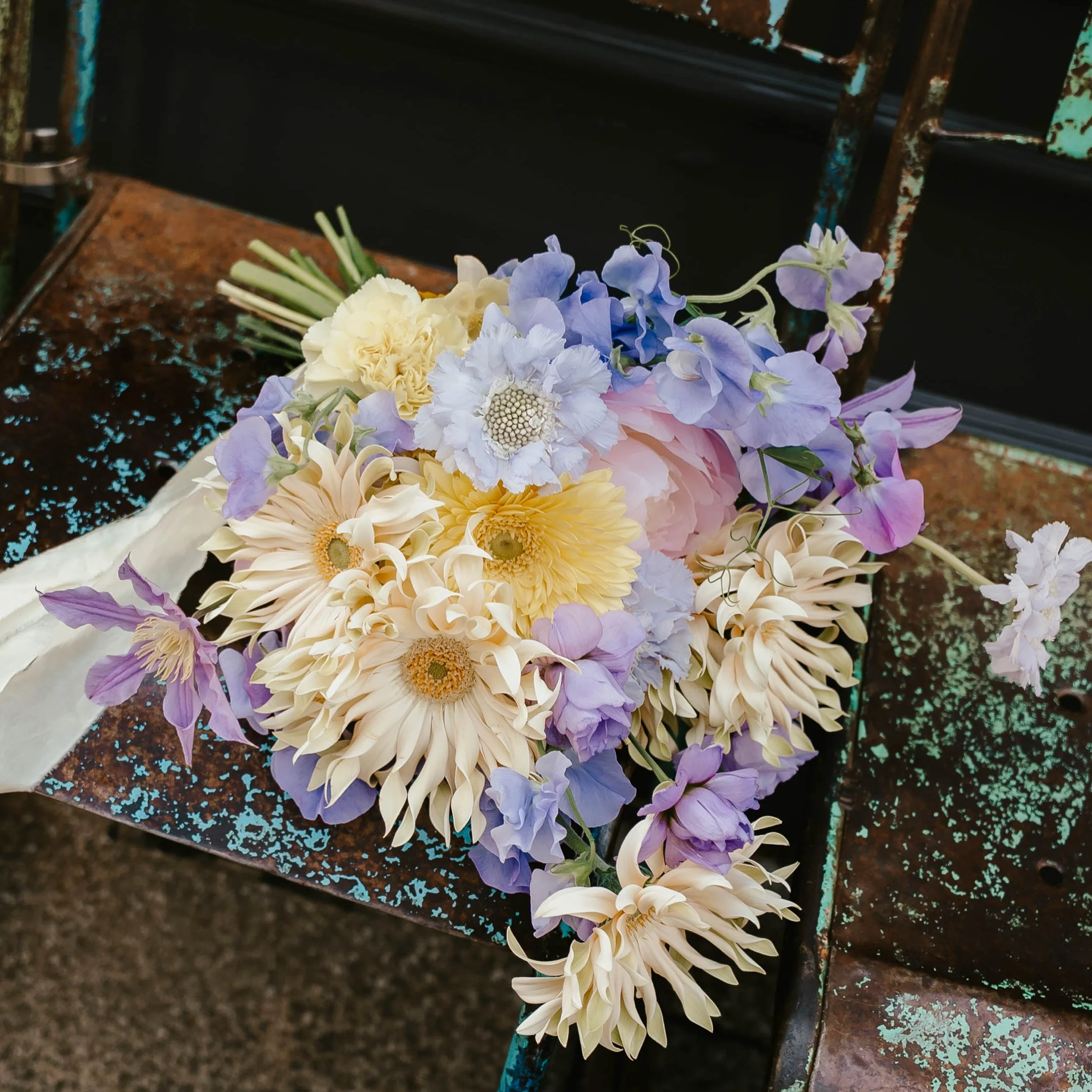 Butter yellow and lilac bridal bouquet for a wedding photo shoot in Norwich