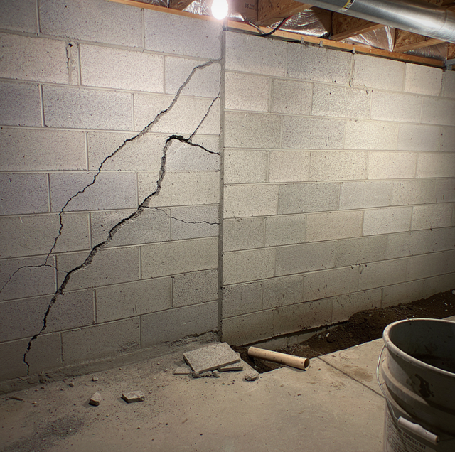 Cracked concrete block wall in a basement with a metal pipe, wooden beam, and bucket on the floor.