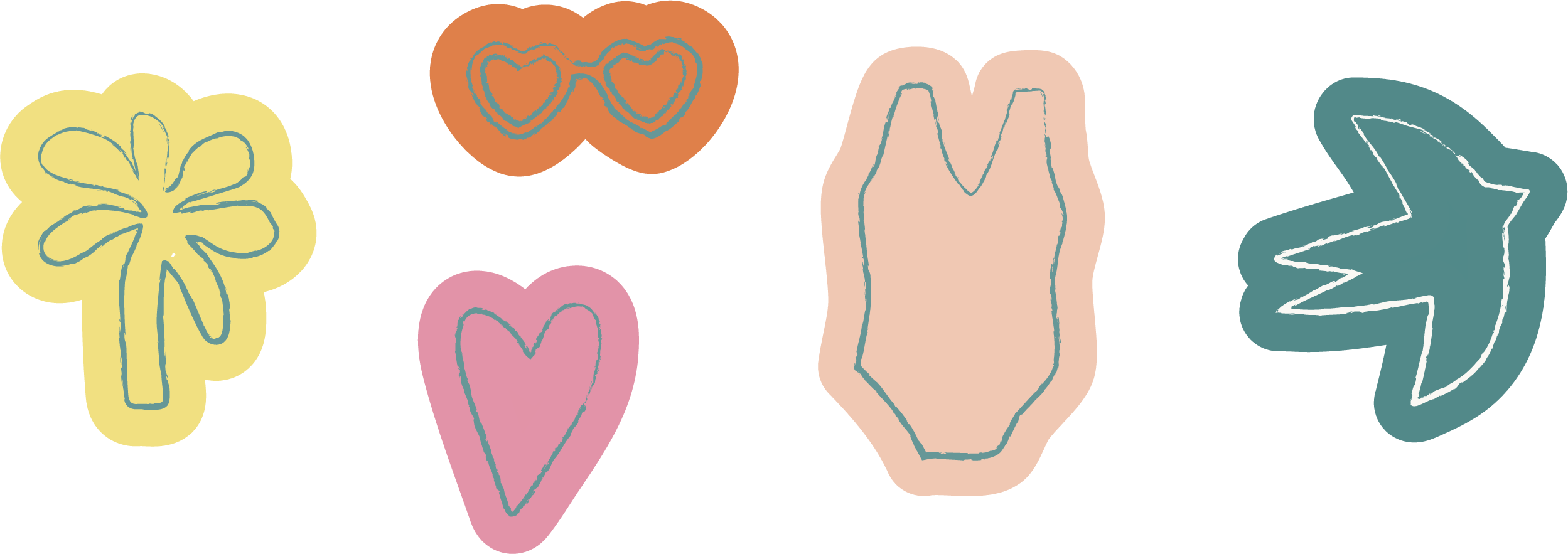 Colorful abstract shapes resembling hearts, a flower, and a leaf.