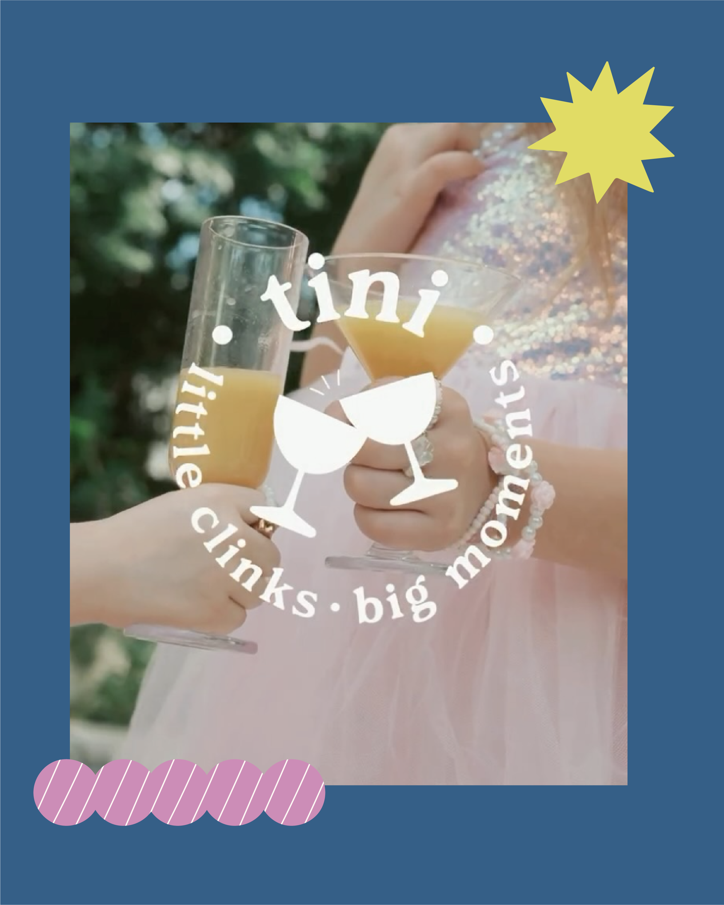 Two hands holding champagne glasses filled with orange juice, with one hand touchinhg a glittery, iridescent dress. There is decorative overlay text and graphics including a sunburst and purple striped circles.