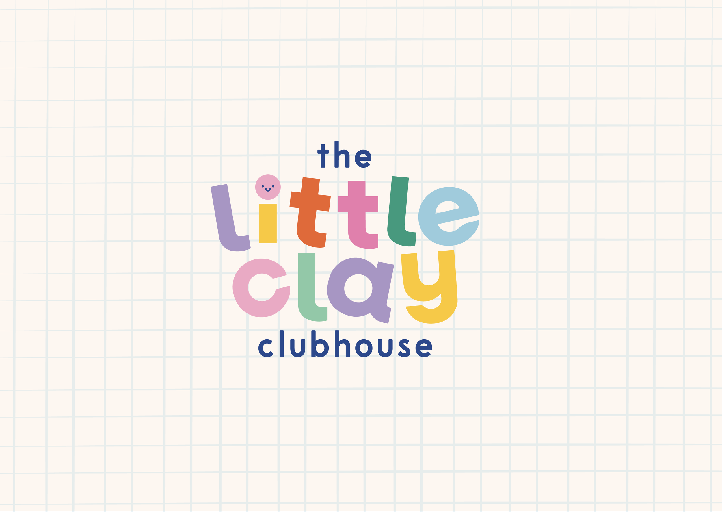 Colorful text saying 'the little clay clubhouse' on a grid background.