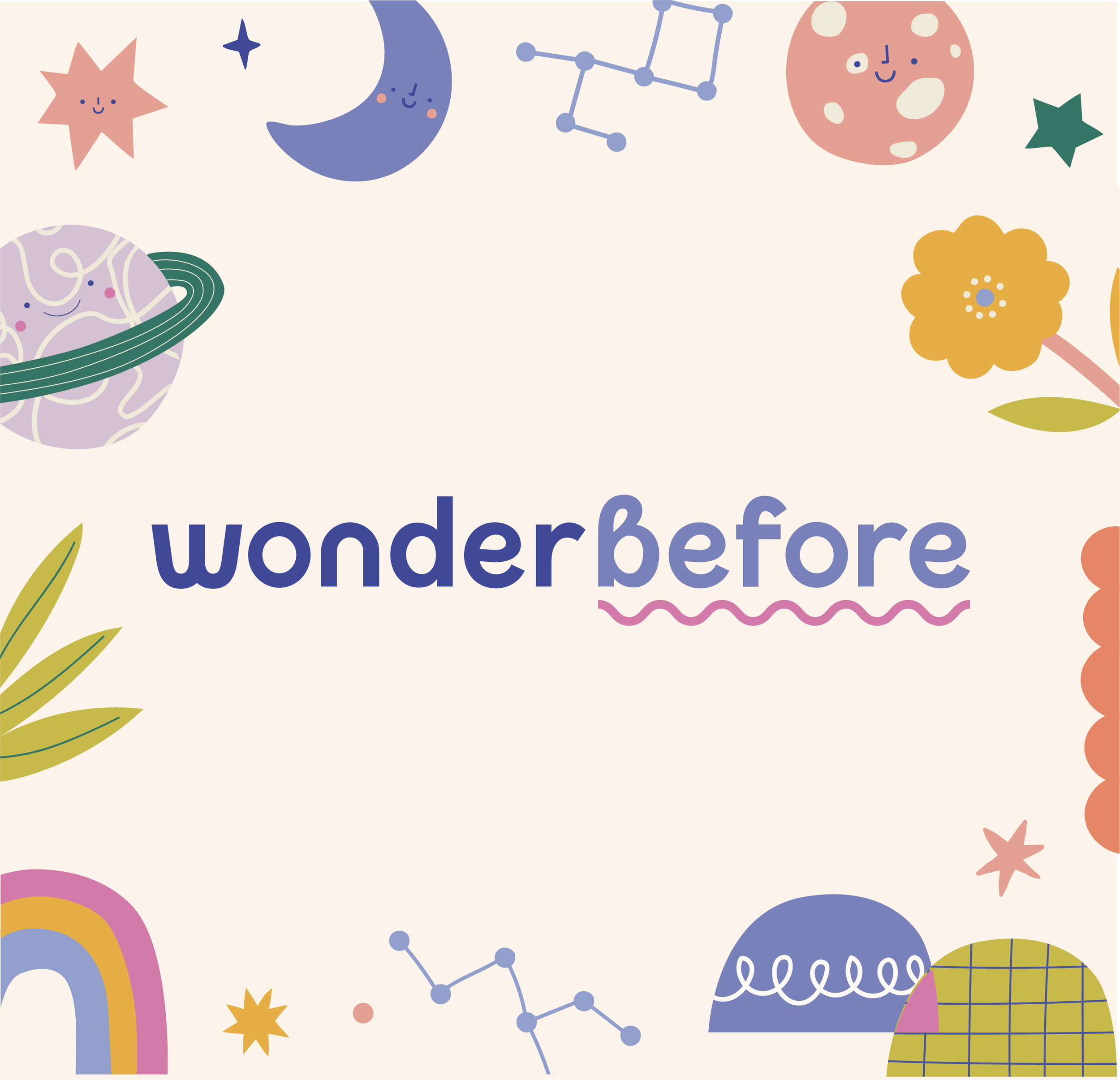 Colorful illustrated celestial elements and abstract shapes on a light background, with the partially visible text 'wonderbefor'.