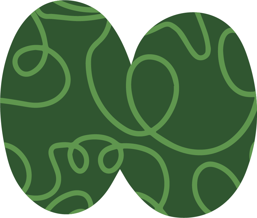 Close-up of two green Easter eggs decorated with darker green swirl patterns.
