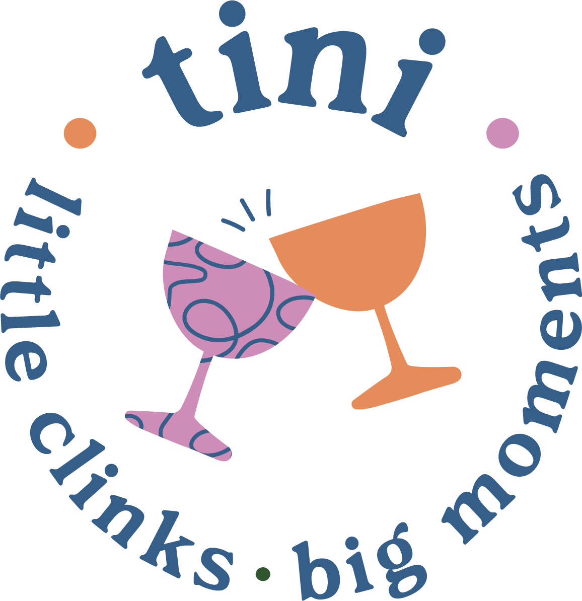 Logo with pink and purple wine glasses and the phrase 'little sips, big sips, tiny sips' in blue text arranged in a circle.