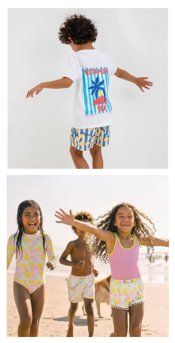 A boy wearing a white T-shirt with a colorful seaside graphic and shorts with lemon prints standing with arms outstretched, and a group of children running and smiling on the beach, dressed in bright summer outfits.
