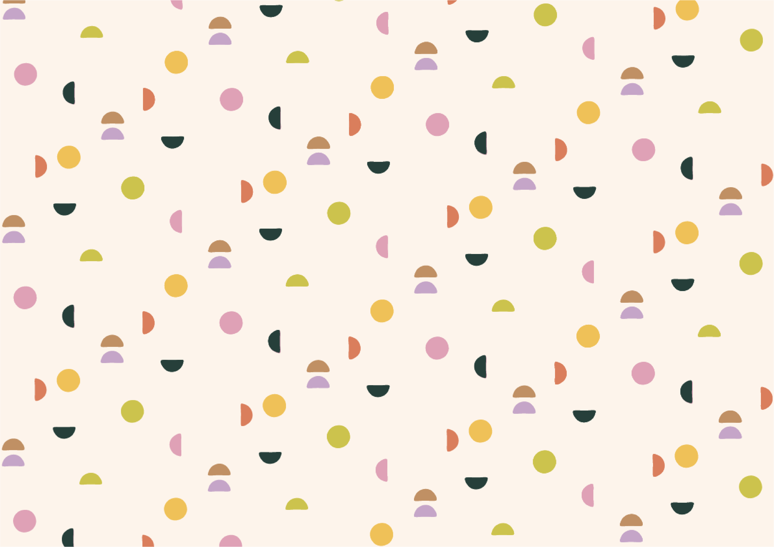 A pattern of colorful confetti dots and semicircles on a cream background.