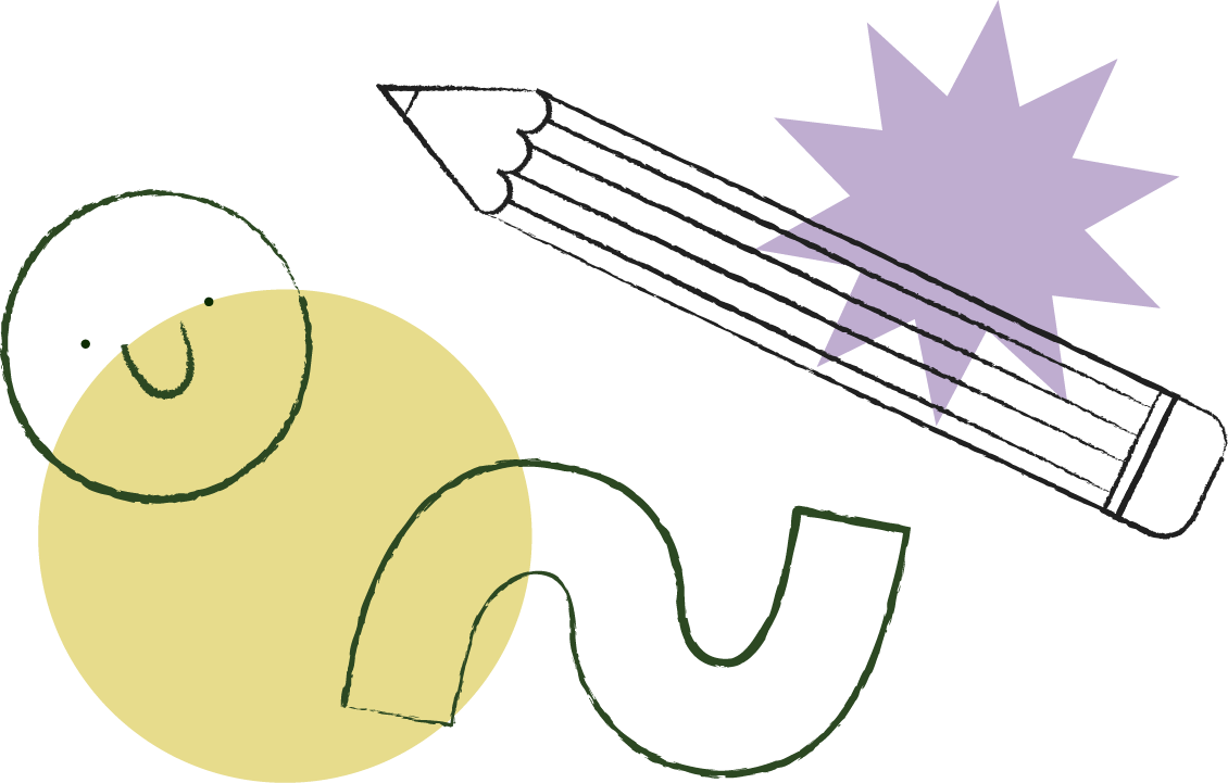 A digital drawing of a light bulb connected to a long pencil with a star-shaped burst and purple glow around the pencil tip.