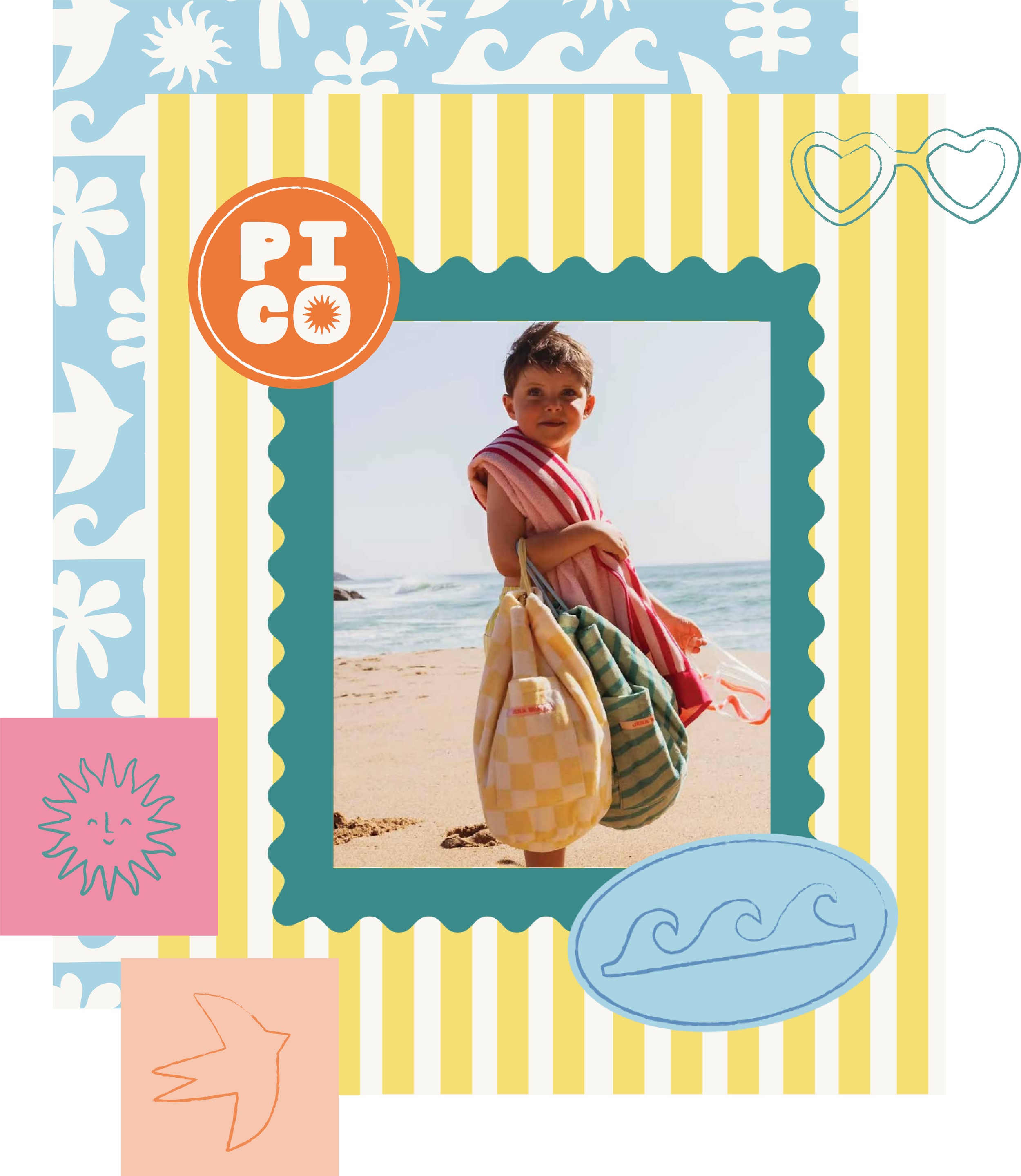 A young boy at the beach, wrapped in a striped towel, holding several colorful towels, with ocean waves in the background, framed by a beach-themed scrapbook page with yellow and white stripes, blue wavy border, and decorative heart and sun doodles.