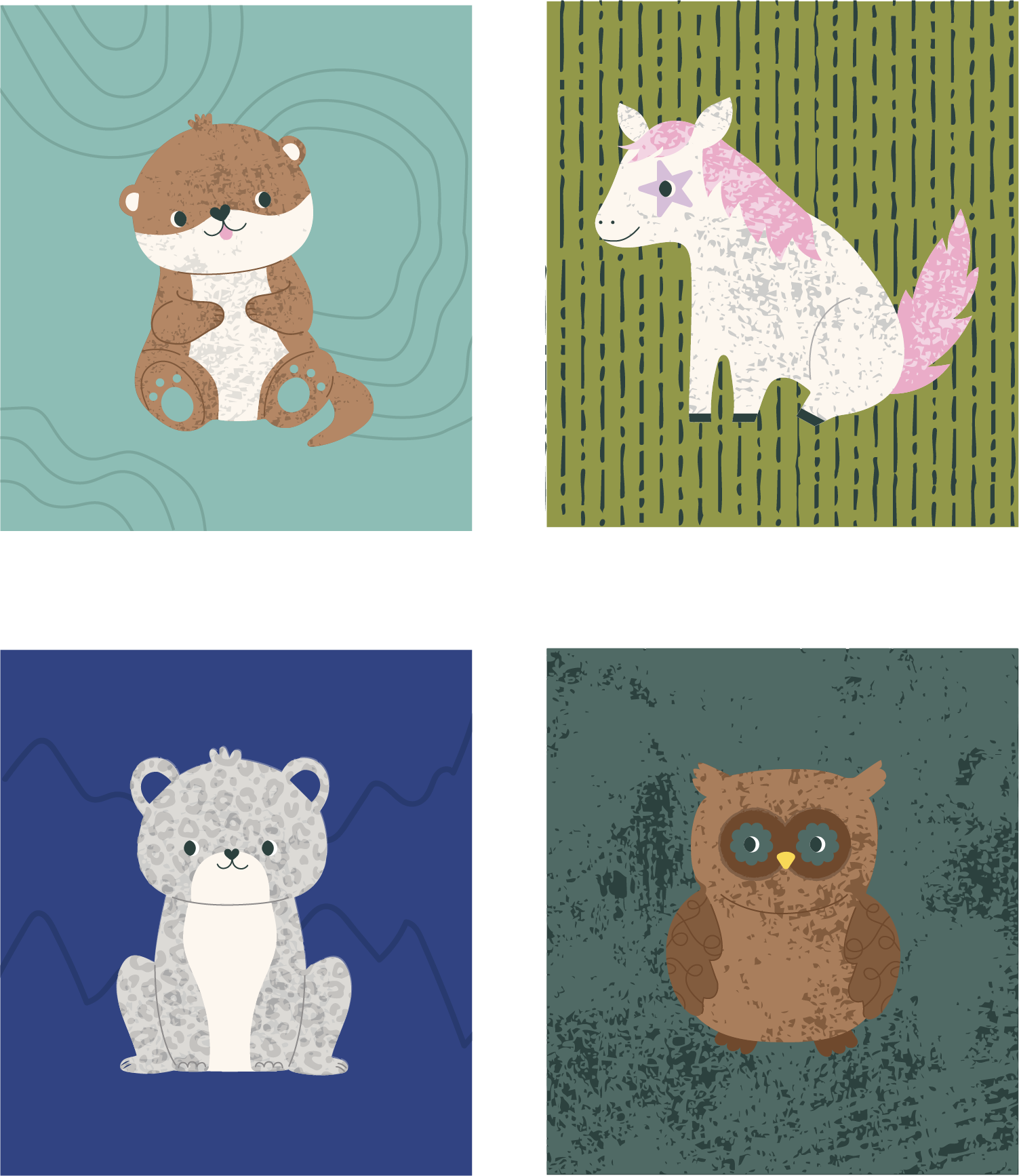Four cartoon animals arranged in a grid. Top left: a brown otter sitting with paws on its belly on a teal background. Top right: a pink and white unicorn sitting in a green forest. Bottom left: a white leopard standing on a blue background. Bottom right: a brown owl standing on a dark gray background.
