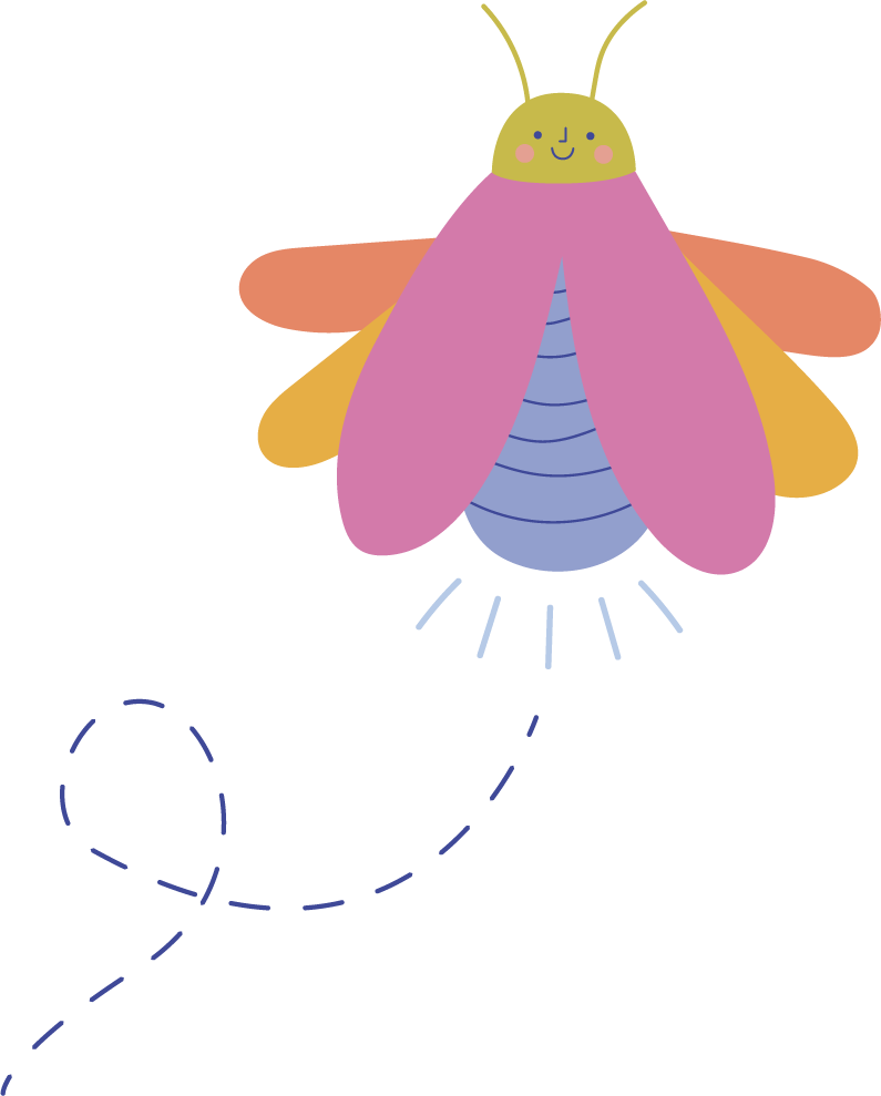 A cute, cartoon-style bee with a yellow head, pink and orange wings, and a striped blue abdomen flying with dashed lines indicating flight path.