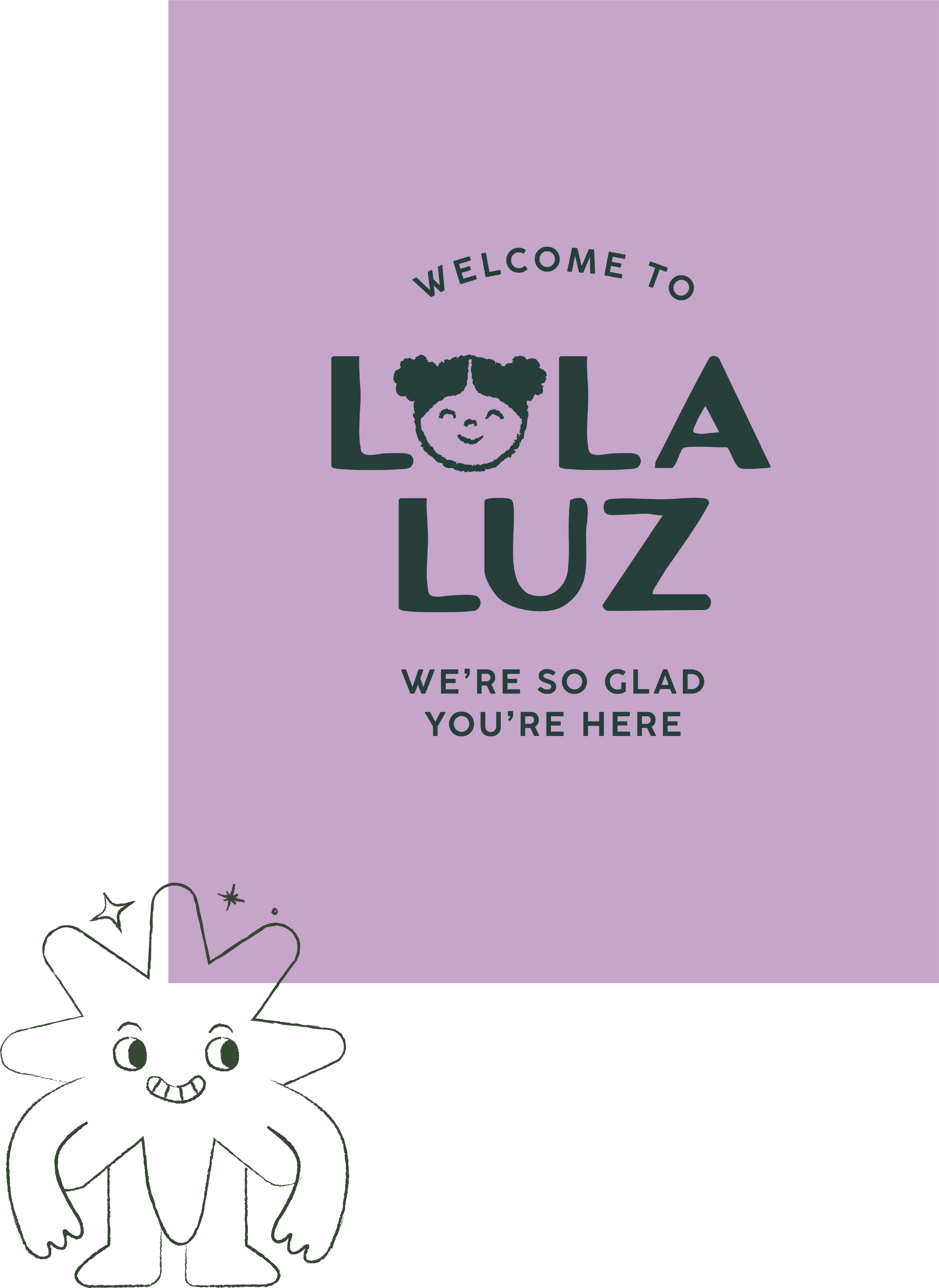 Colorful flyer with purple and black background, welcoming message featuring a cute cartoon girl with puffy hair, along with drawing of a gift box and a smiling star in a whimsical style.