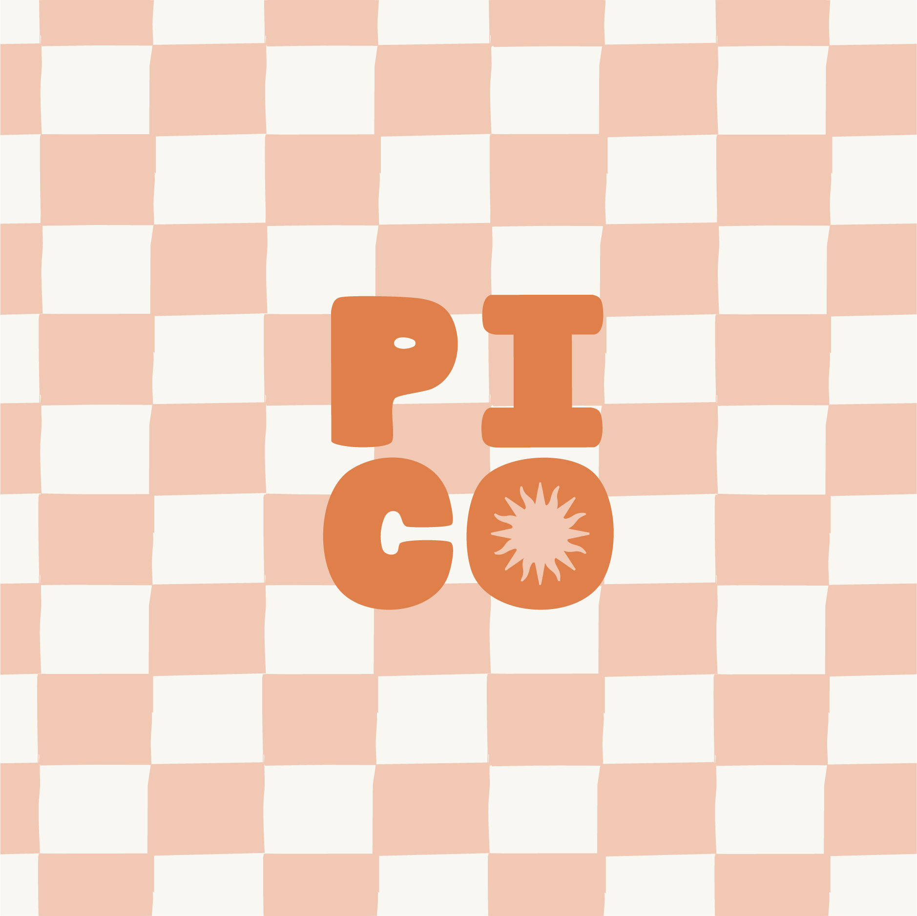 Partially visible text with the letters 'P E C O' on a background of pink and white checkerboard pattern.