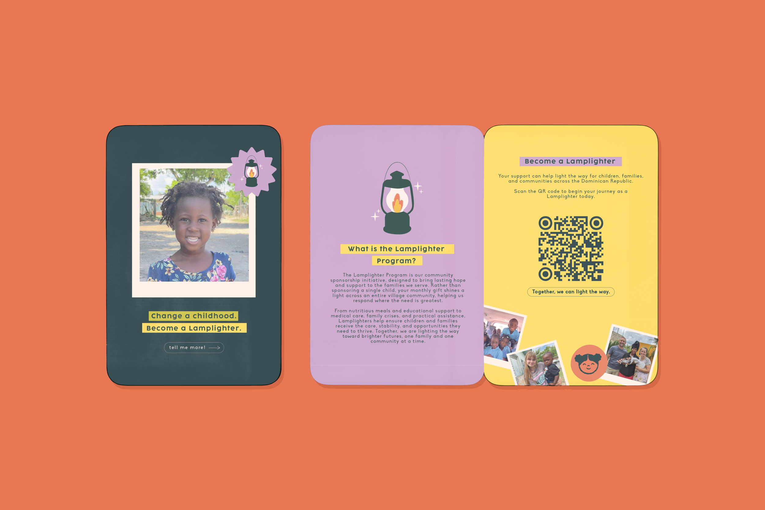 Colorful pamphlets or brochures promoting a lamp lighting program, featuring pictures of children and adults, with QR codes and text about supporting children and communities.