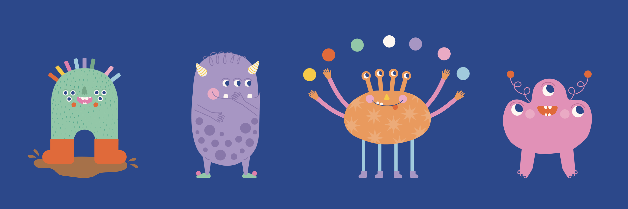 Colorful illustrated monsters against a blue background, each with unique features and expressions.