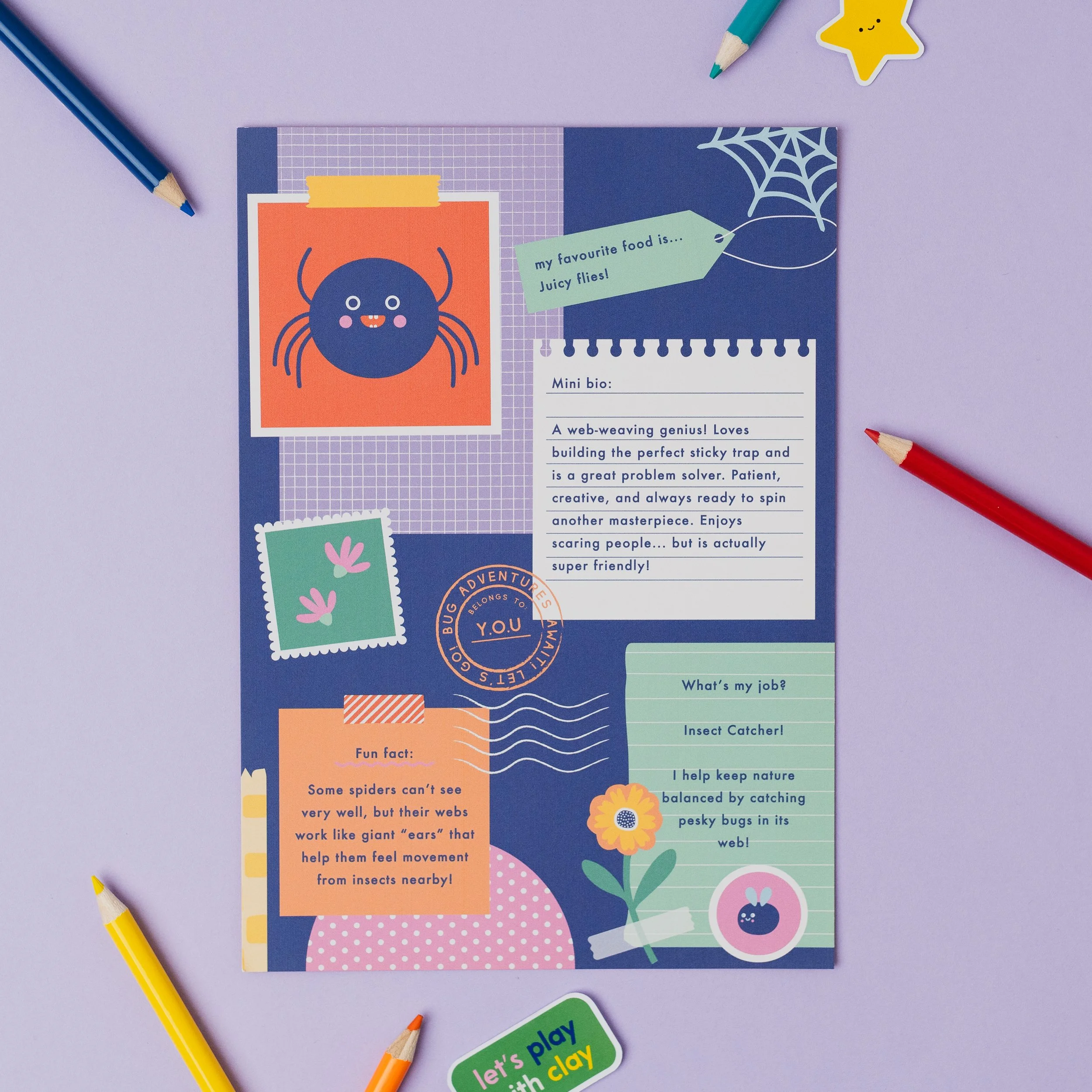 A colorful educational activity sheet about insects, featuring illustrations of a spider and a flower, surrounded by colored pencils and stickers on a purple background.
