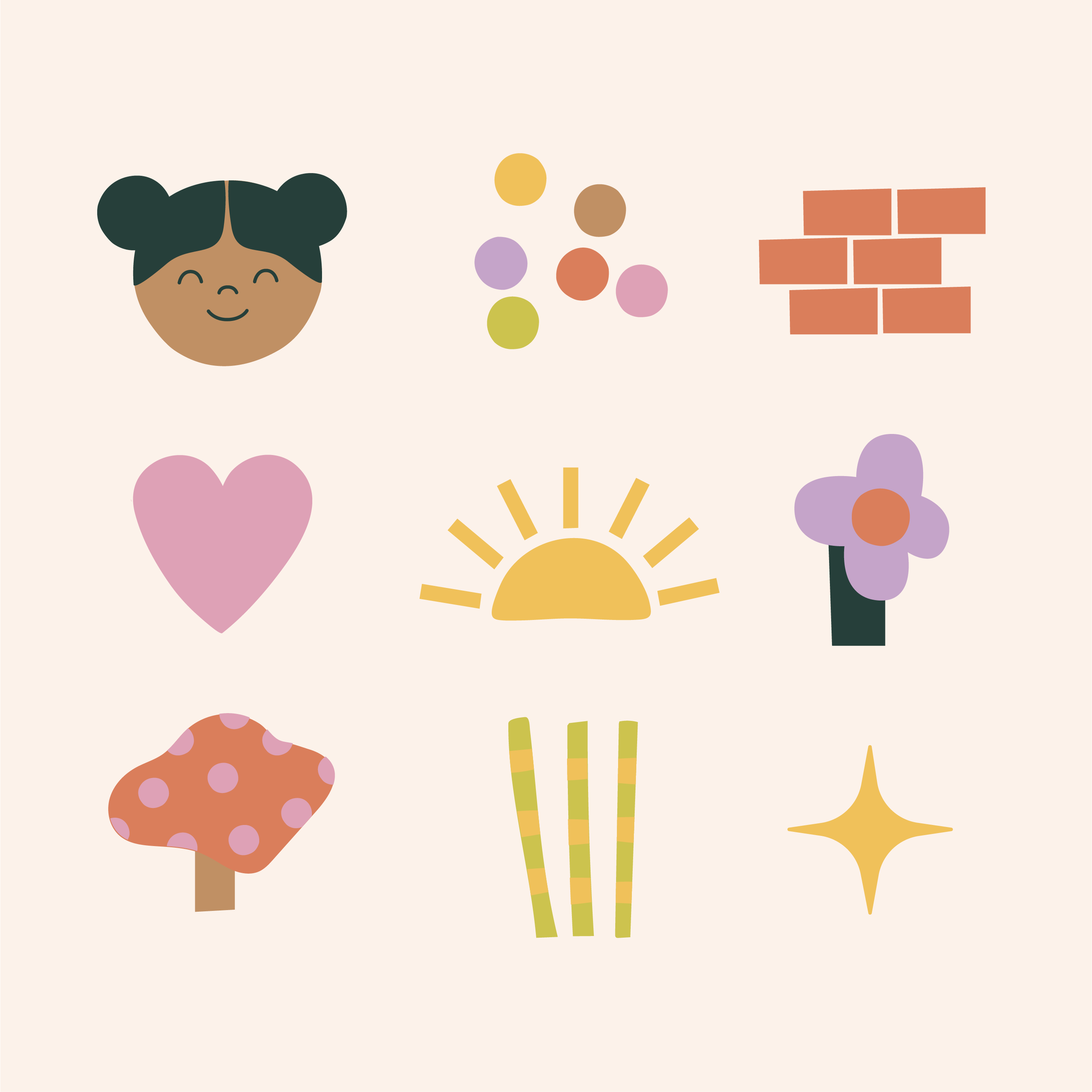 Illustration of a smiling person with dark hair in a bun surrounded by colorful abstract shapes, including hearts, flowers, a sun, and a brick wall, on a light background.