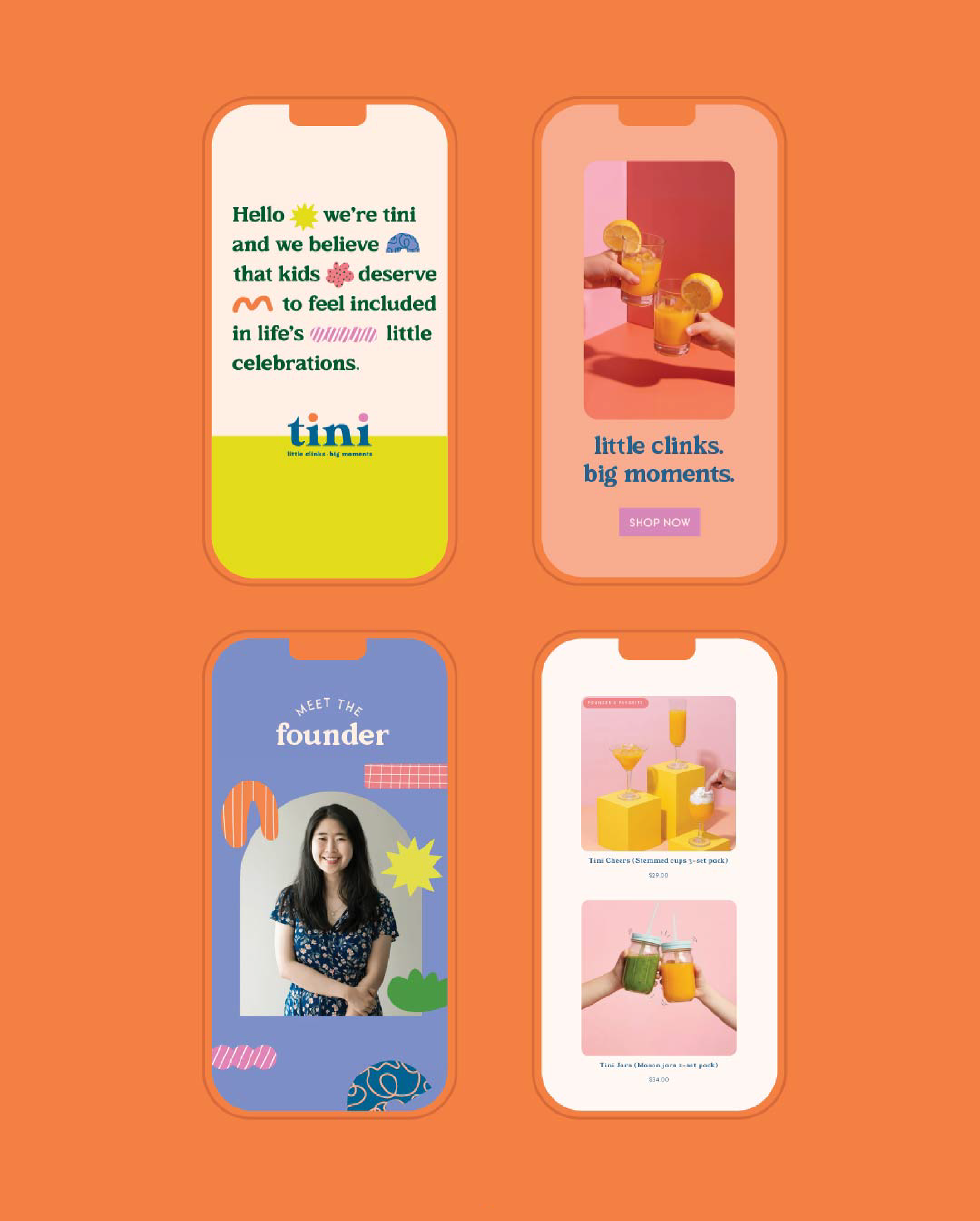 Four mobile phone screens displaying different social media or shopping app interfaces on an orange background. Each screen shows images, text, and product details related to celebration, drinks, and merchandise.