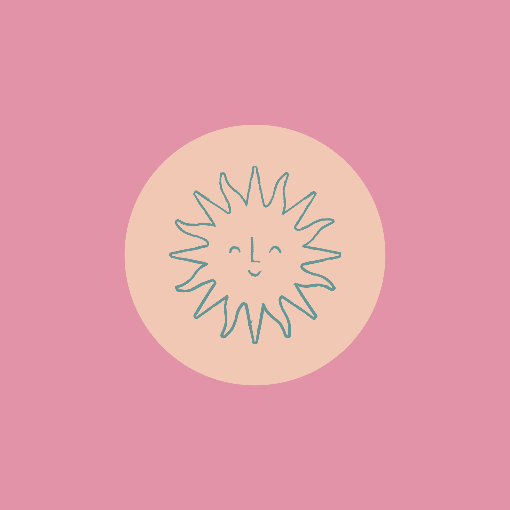 A graphic of a smiling sun with radiating rays inside a pink circle on a pink background.
