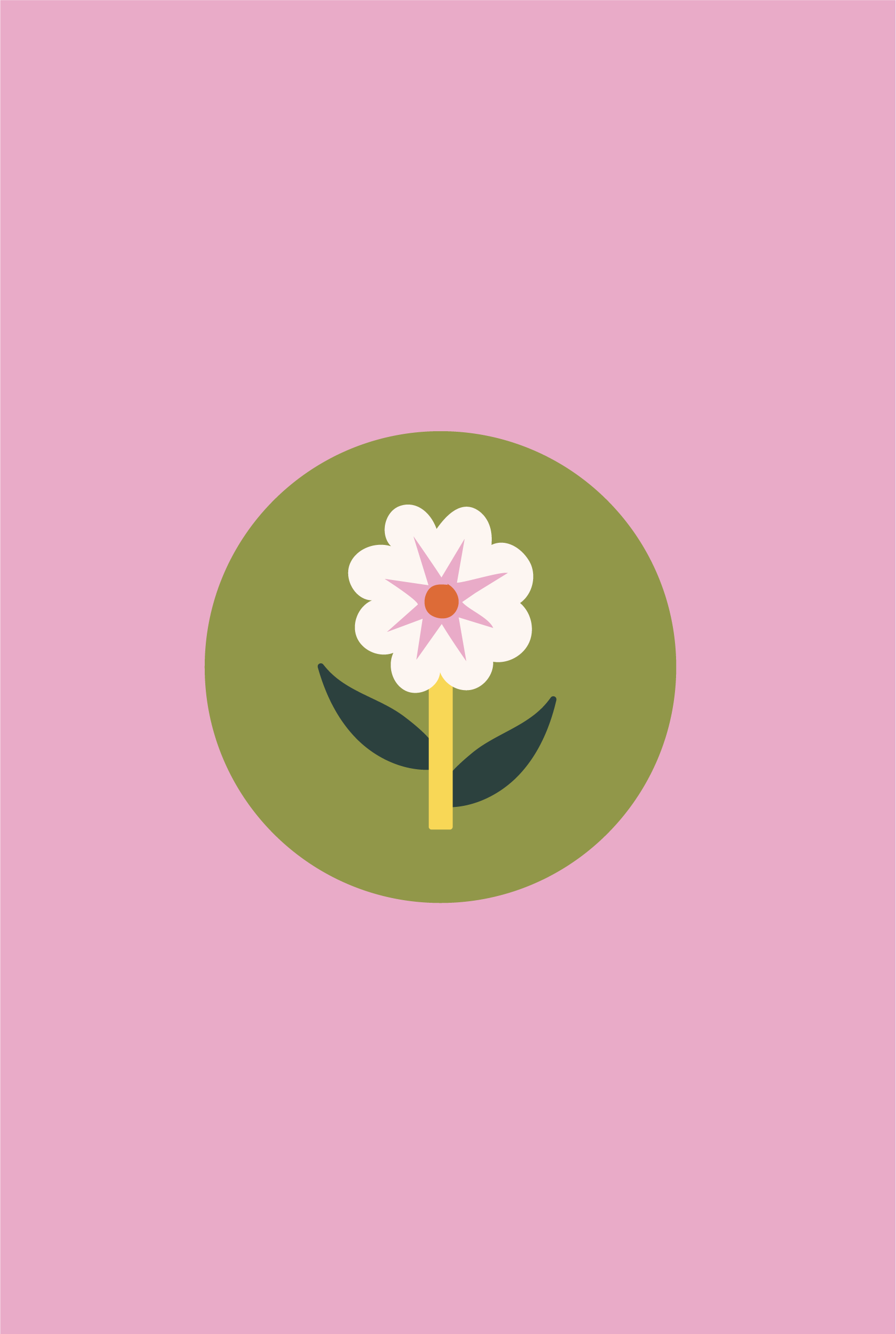 Simple digital illustration of a white flower with a pink center and purple accents, set against a green circular background with a pink backdrop.