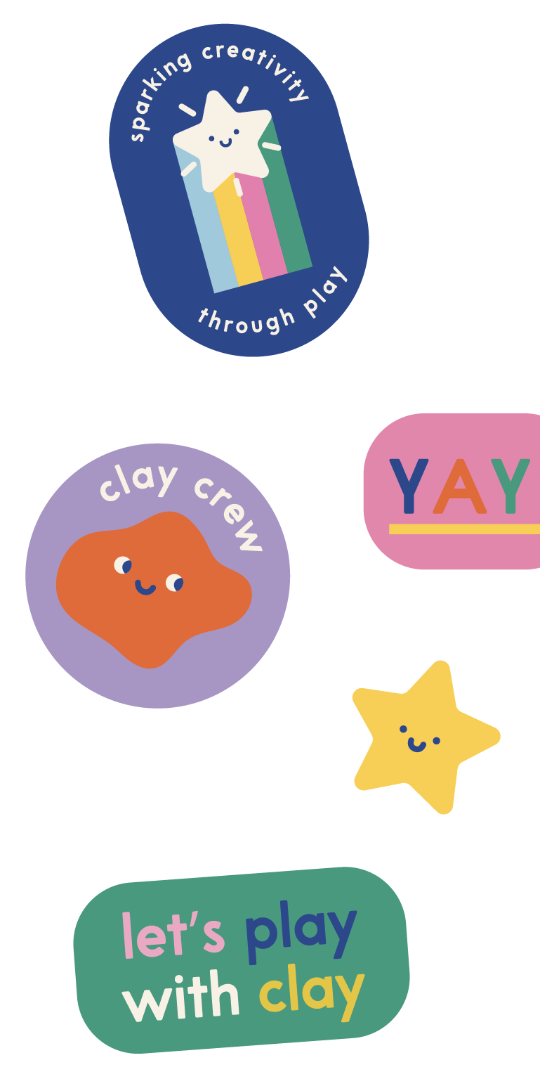 Set of colorful stickers with playful designs and positive messages, including a star with a smiling face and colorful rays, a purple oval sticker with a salt-like clay creature smiling, a pink rectangular sticker with 'YAY' in colorful letters, and a green speech bubble saying "let's play with clay".