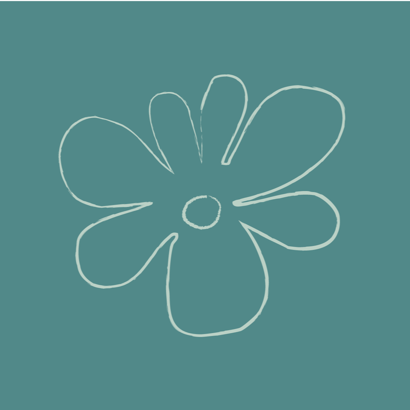 White line drawing of a flower with six petals and a small circle in the center on a teal background.