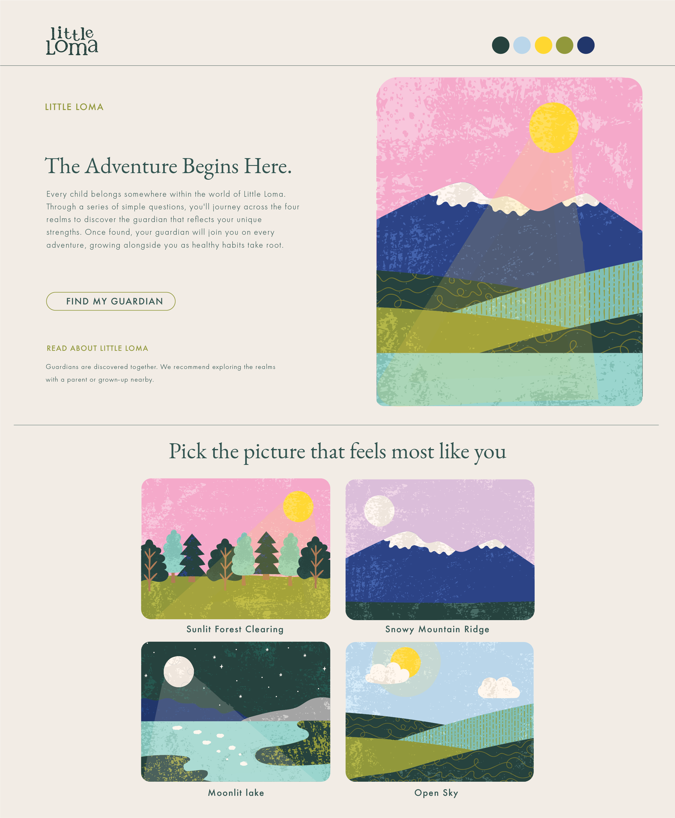 Four landscape illustrations labeled Sunlit Forest Clearing, Snowy Mountain Ridge, Moonlit Lake, and Open Sky, featuring stylized nature scenes with trees, mountains, water, stars, clouds, and the sun.