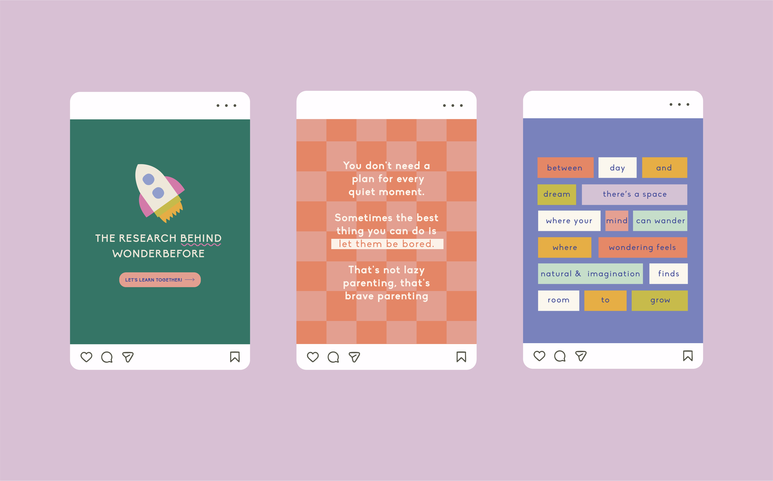 Three digital illustrations of social media posts on parenting and children, with colorful backgrounds and text, set against a lavender background.