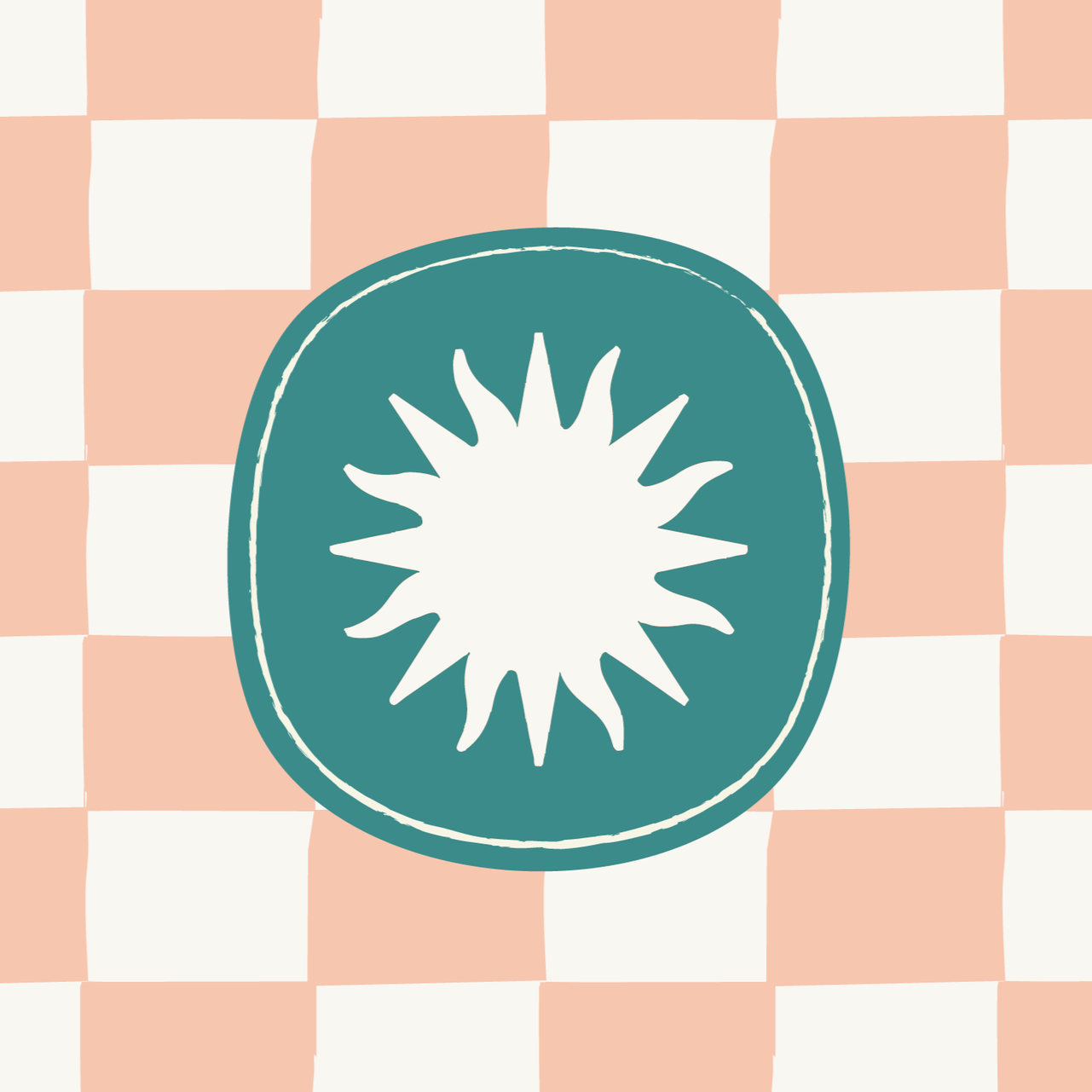 A stylized illustration of a kiwi fruit with a green outer shell and white interior, set against a pink and white checkered background.