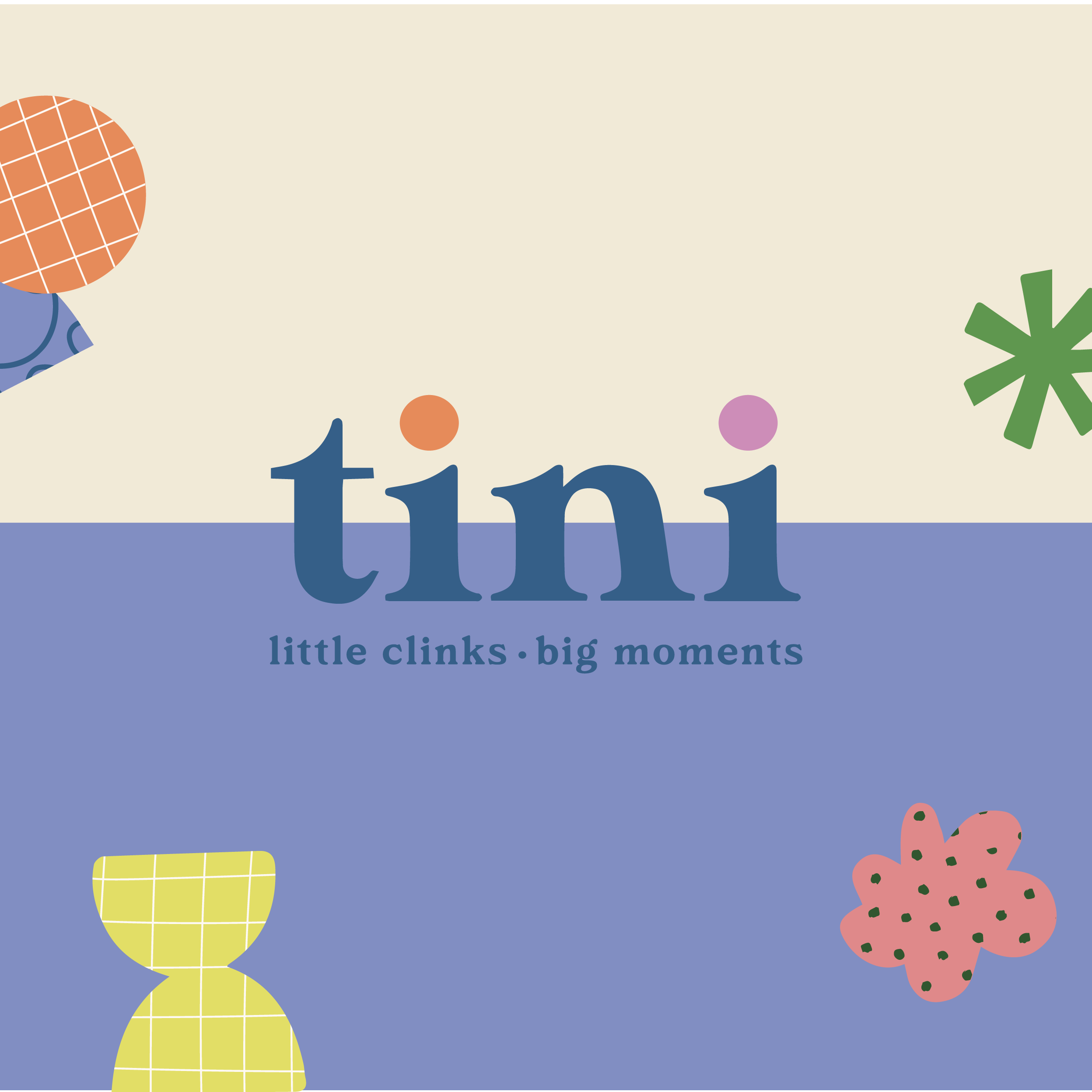 Colorful geometric shapes, including a pink flower and a yellow-and-white striped shape, are scattered on a blue and beige background.