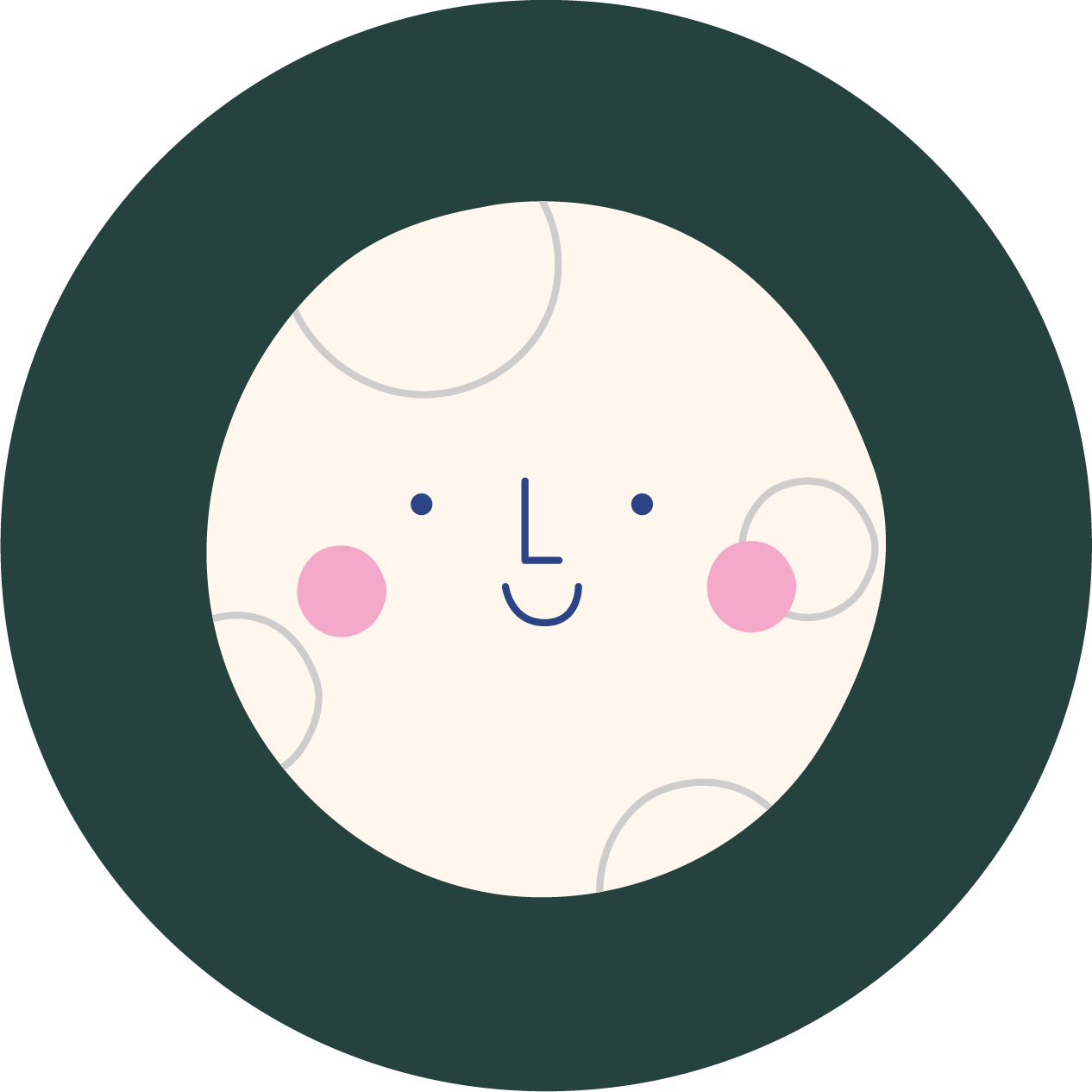 A cute cartoon moon with a smiling face, pink cheeks, and closed eyes, surrounded by dark space.