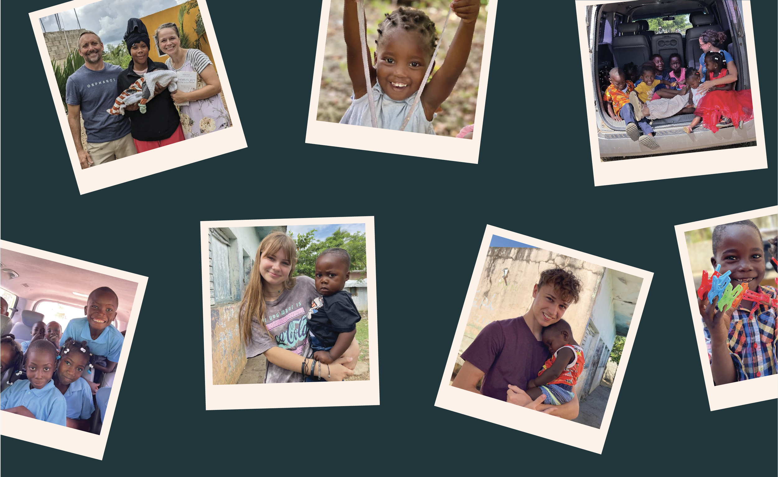 Collage of photographs showing diverse children and adults in various settings, including outdoor and inside a vehicle, with some smiling and interacting.