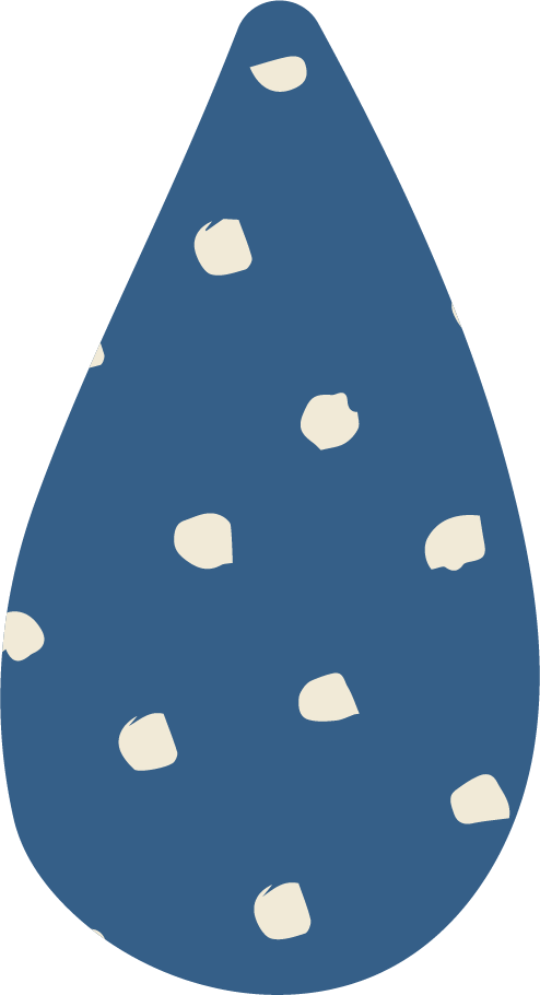 A blue teardrop-shaped object with white spots.