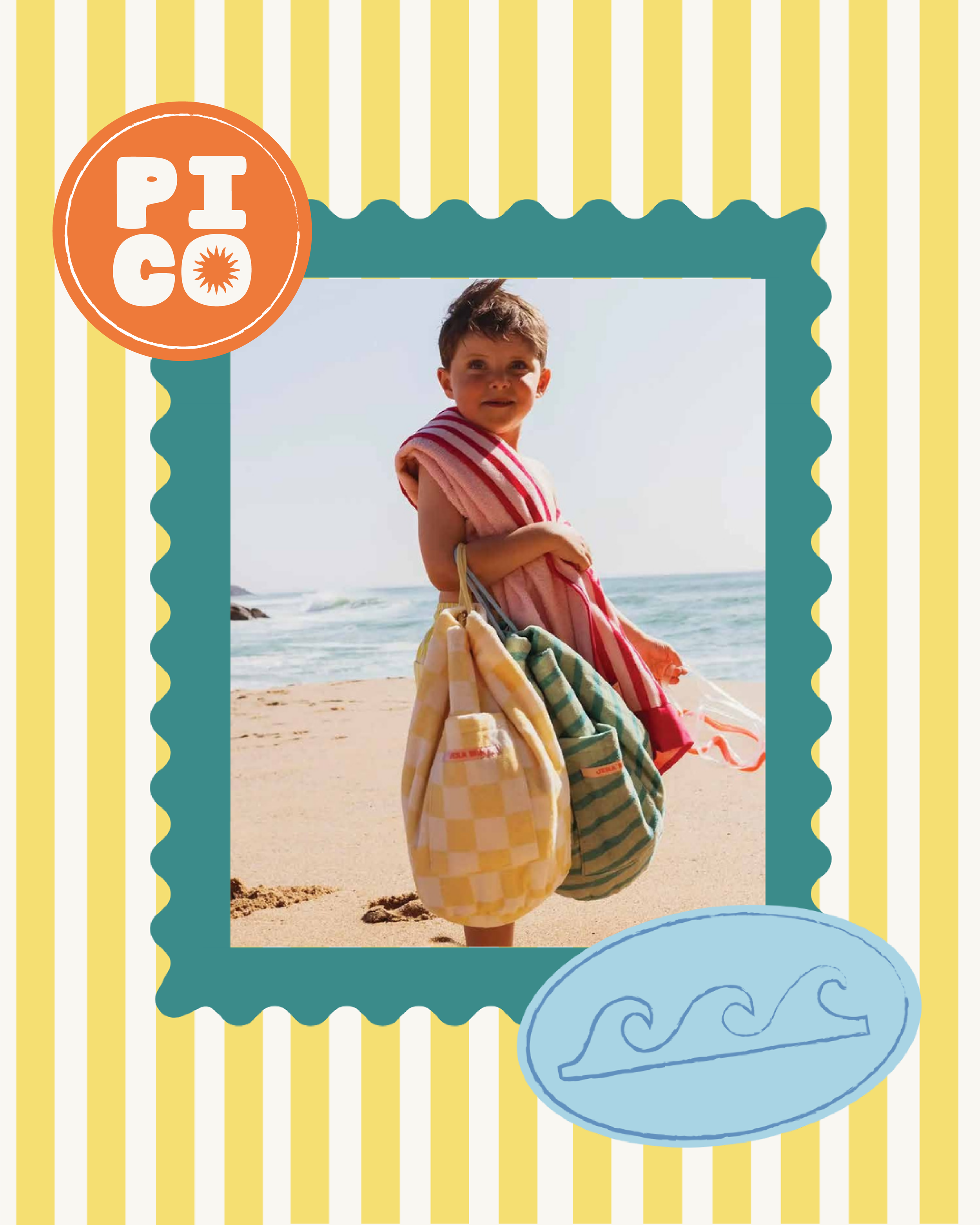 A boy standing on a sandy beach holding colorful beach towels, with the ocean and sky in the background. The image is decorated with a yellow and white striped border, a teal frame, an orange circle with the text 'PICO' and a starburst, and a blue wave illustration.