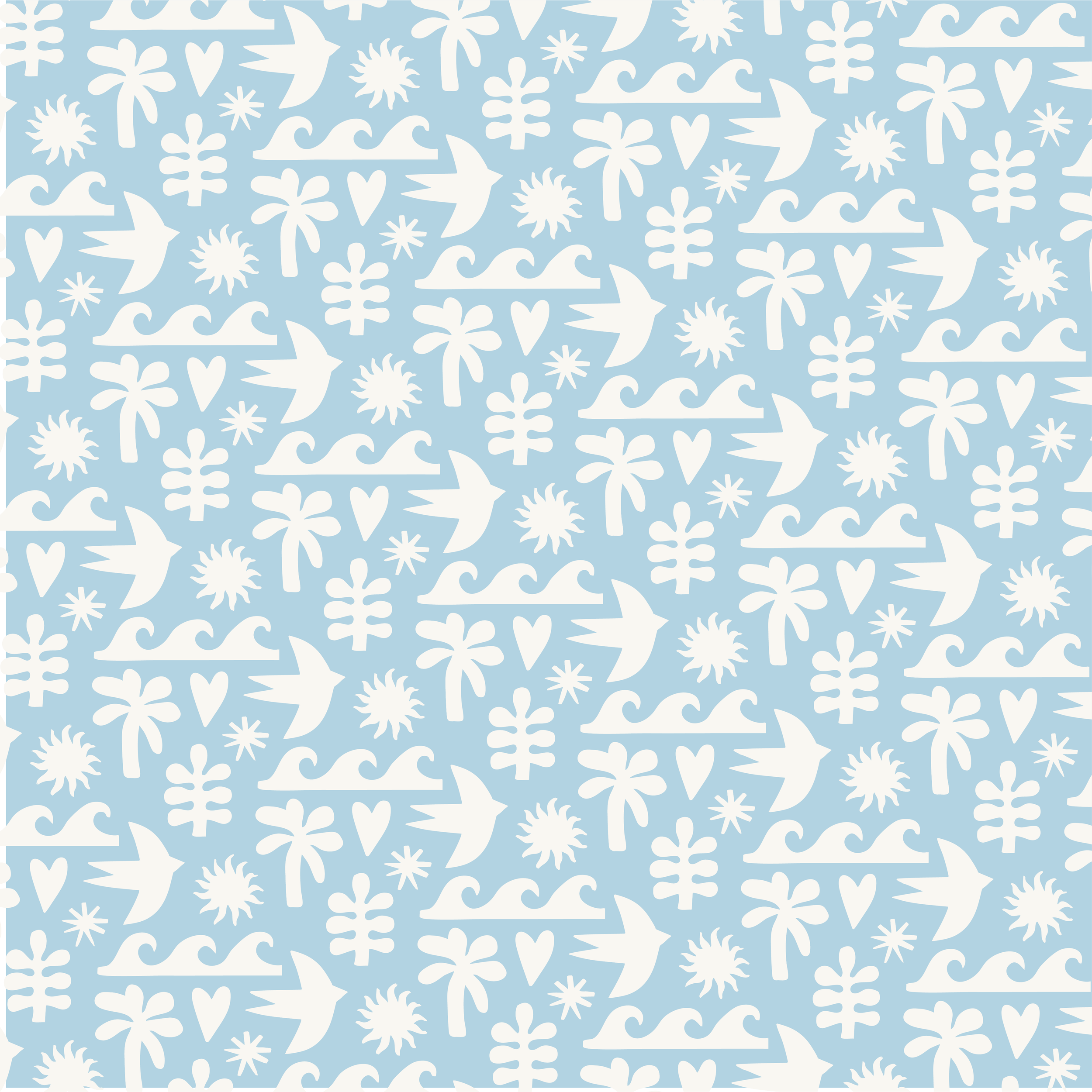 Pattern with white tropical leaves, hearts, and flowers on light blue background.
