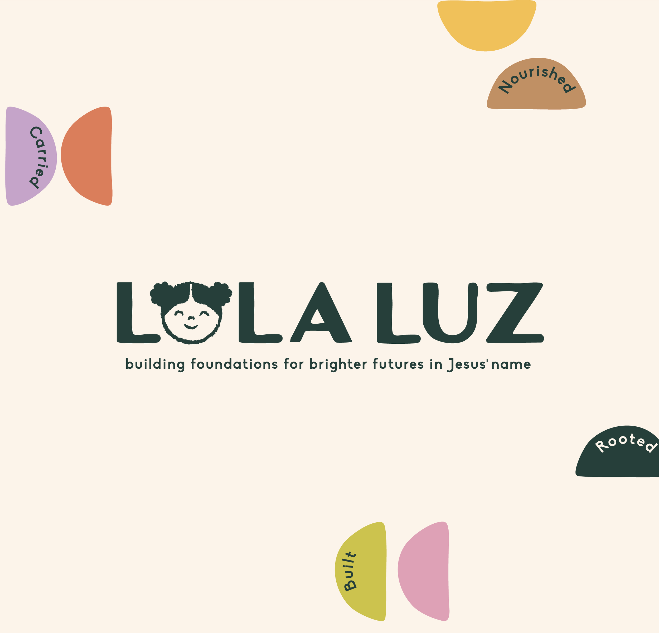 Close-up of a graphic design featuring colorful shapes and text related to building foundations and brighter futures in Jesus' name, with partial view of the word "LALUZ" and phrases like "Nourished" and "Built".