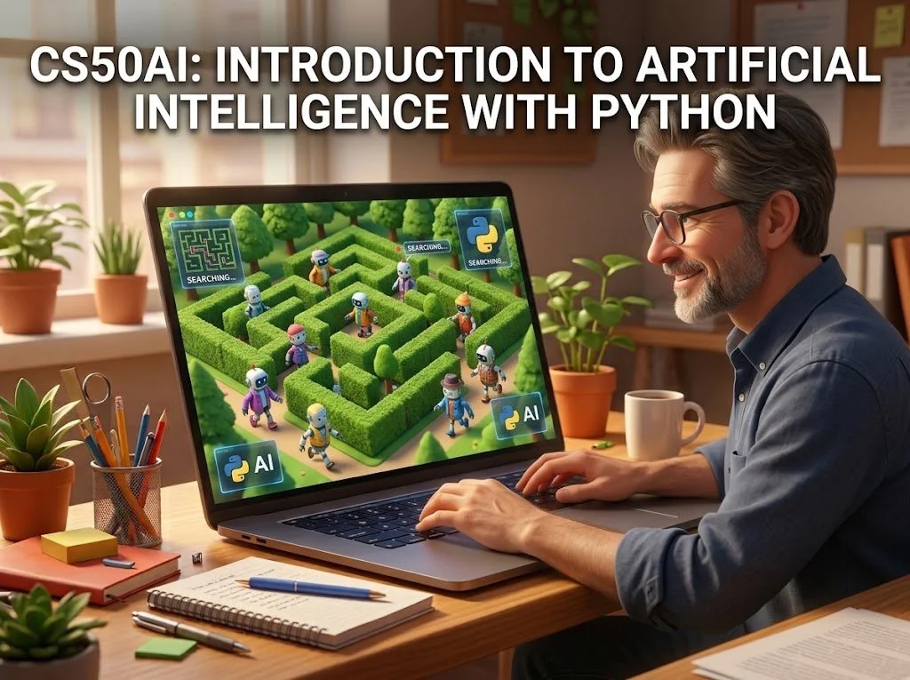 A man typing on a laptop with a screen showing multiple colorful 3D robots navigating a large green maze.